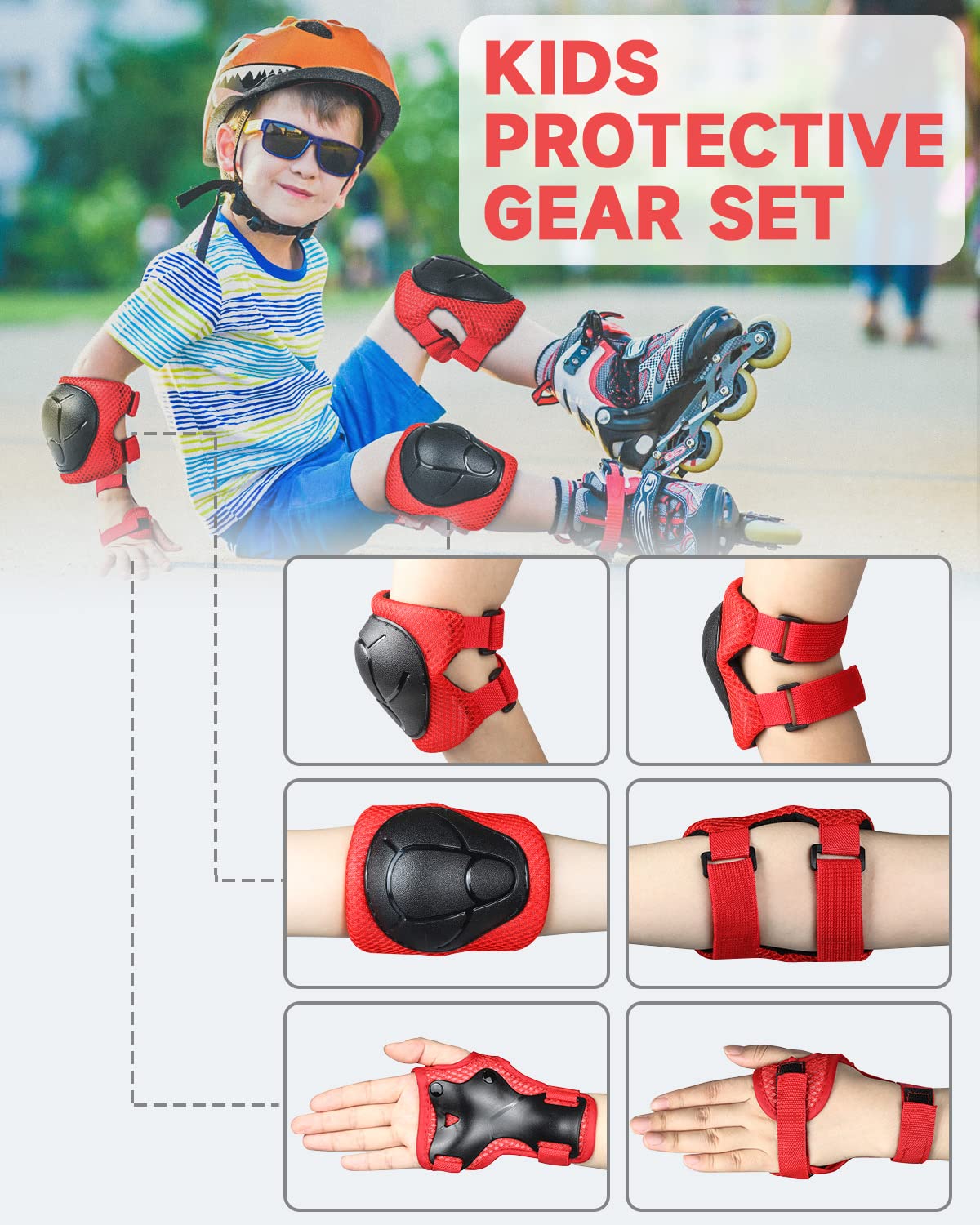 VICTGOAL Protezione Kit per Bambini, 6 Pezzi Protezioni Regolabili Ginocchiere Gomitiere e Protezioni per il polso per 3-8 anni, Adatto per Pattini a Rotelle Skateboard Ciclismo