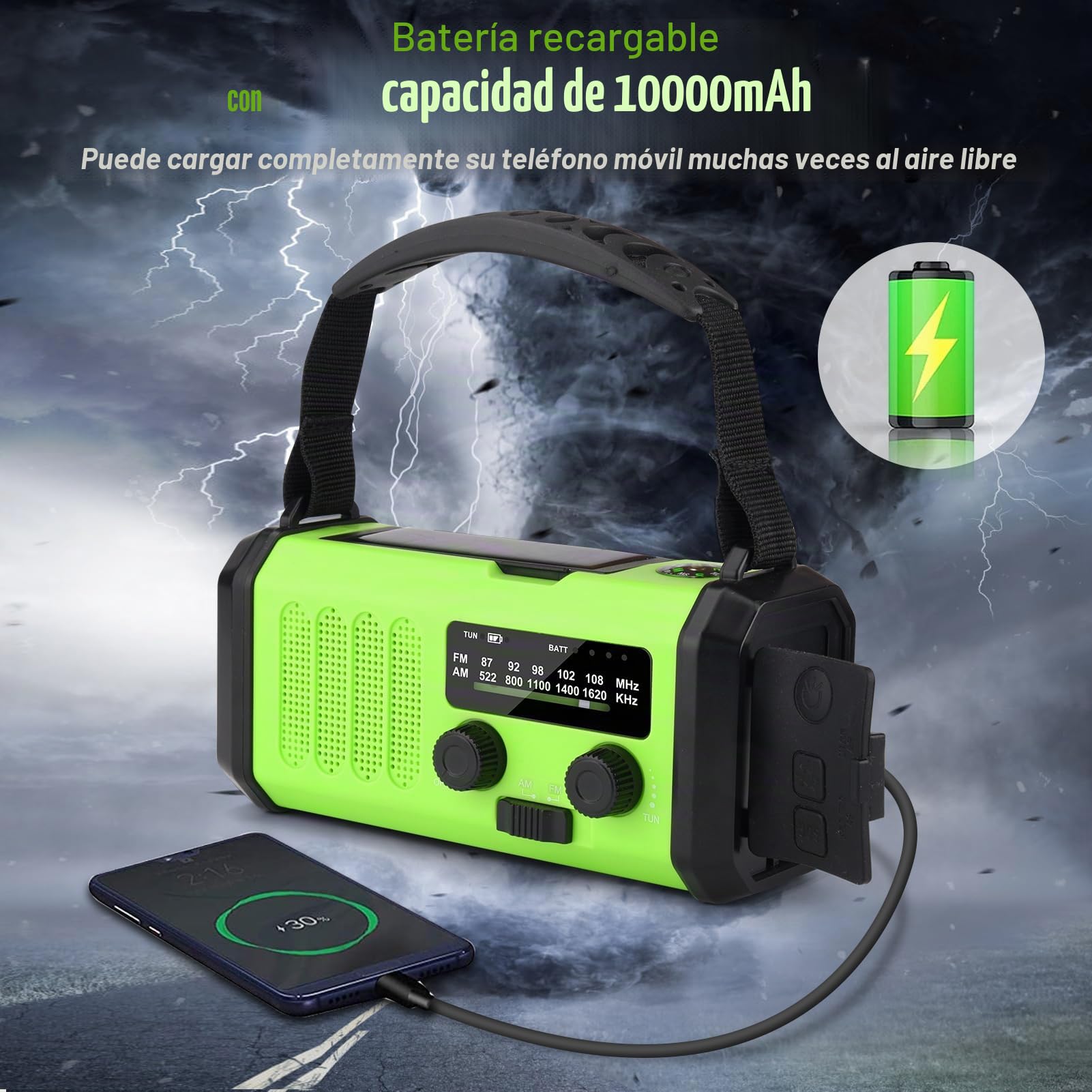 Radio Solar portátil de 10000 mAh, Radio de Emergencia Am/FM con batería Recargable de 10000 mAh, Linterna LED de 3 Modos, lámpara de Lectura LED, Alarma SOS, Dinamo de manivela y Puerto USB para
