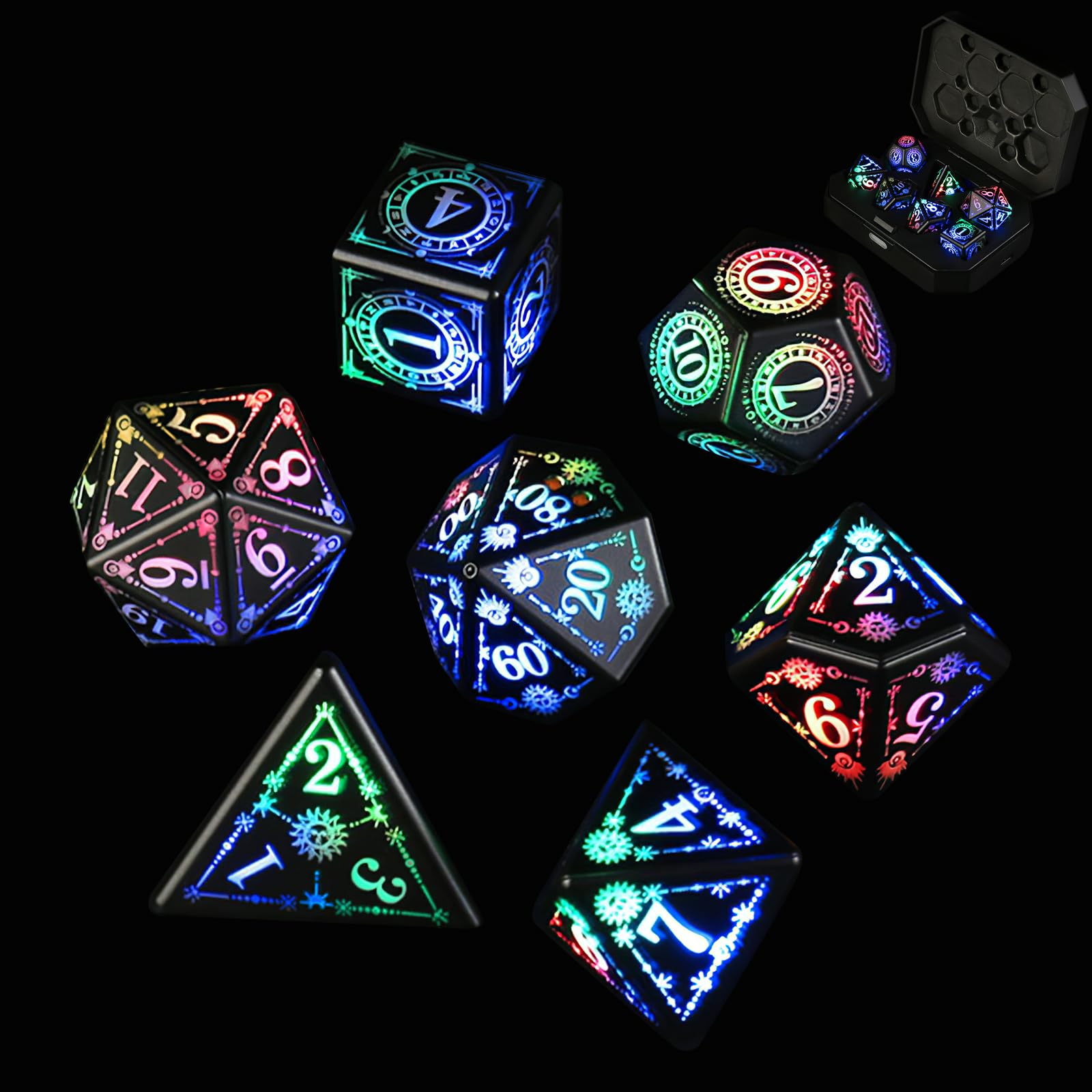 ORUZA Light up Dice Set, 7 PCS Rechargeable LED DND Dice with Charging Box