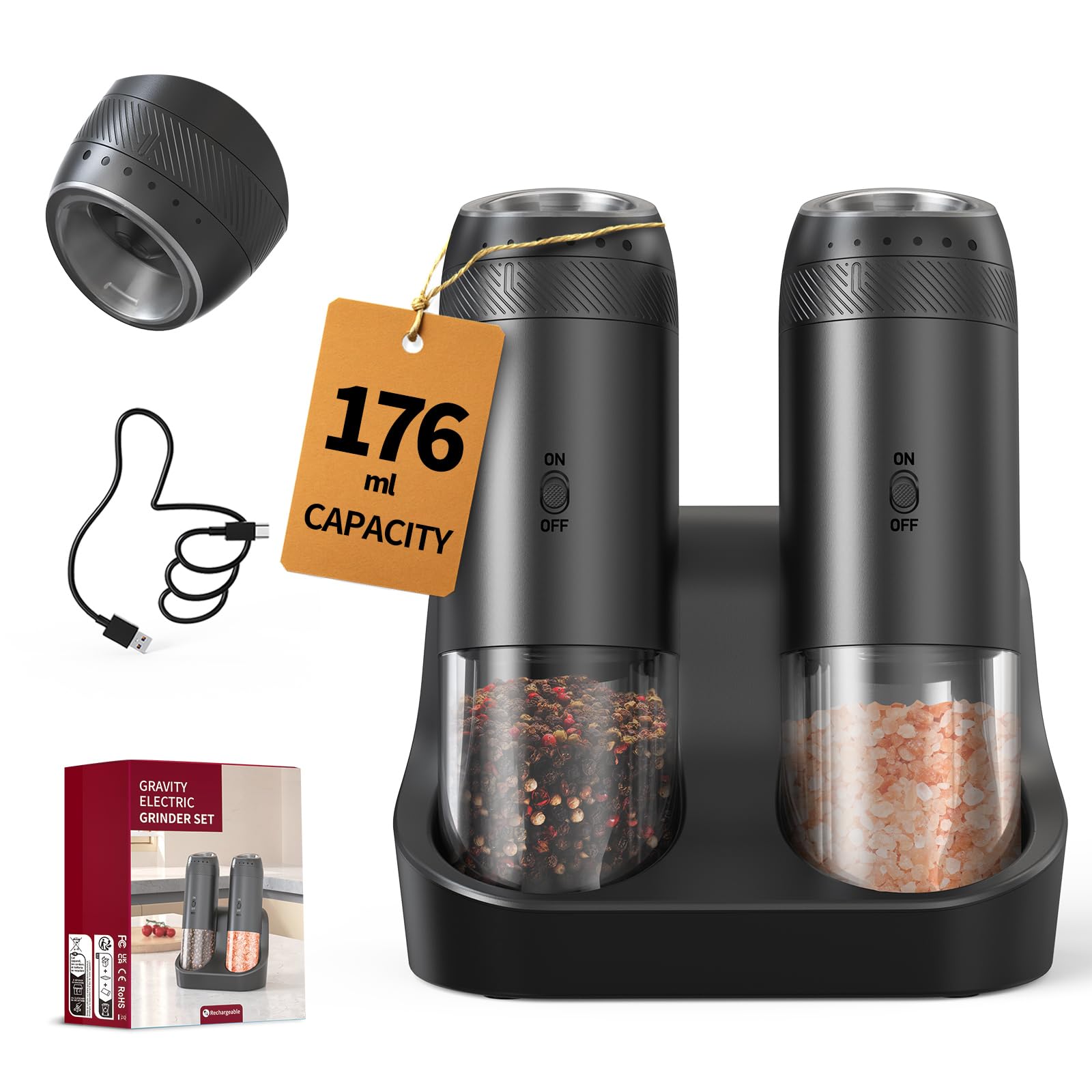 Photo 1 of CIRCLE JOY Rechargeable Salt and Pepper Grinder Set, Gravity Sensor Electric Salt and Pepper Grinder Set with External Adjustment, 176ml Capacity and One-handed Operation, Black