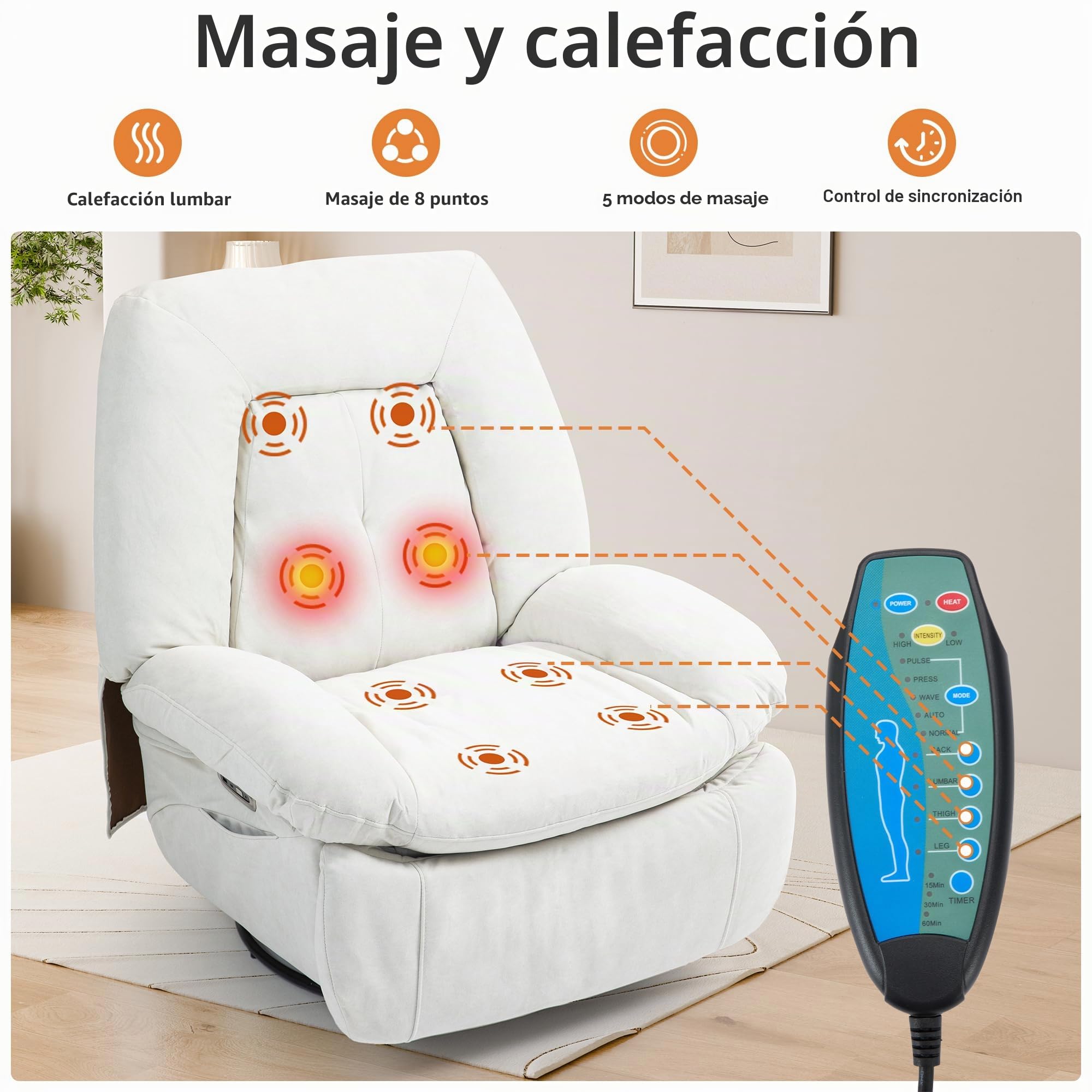 Sillón de Relax eléctrico de Masaje,calefacción, vibración, Masaje, sillón Giratorio, con Puertos Tipo C y USB, 1 Bolsillo Lateral, sillón reclinable para TV, salón (Blanco)