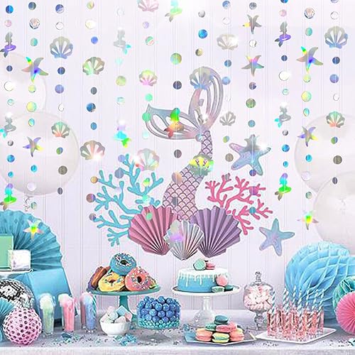 Miniatura 5 de Decoración iridiscente de sirena bajo el mar para fiesta con estrella de mar y perlas de mar holográfica serpentina de papel para sirenita arco iris