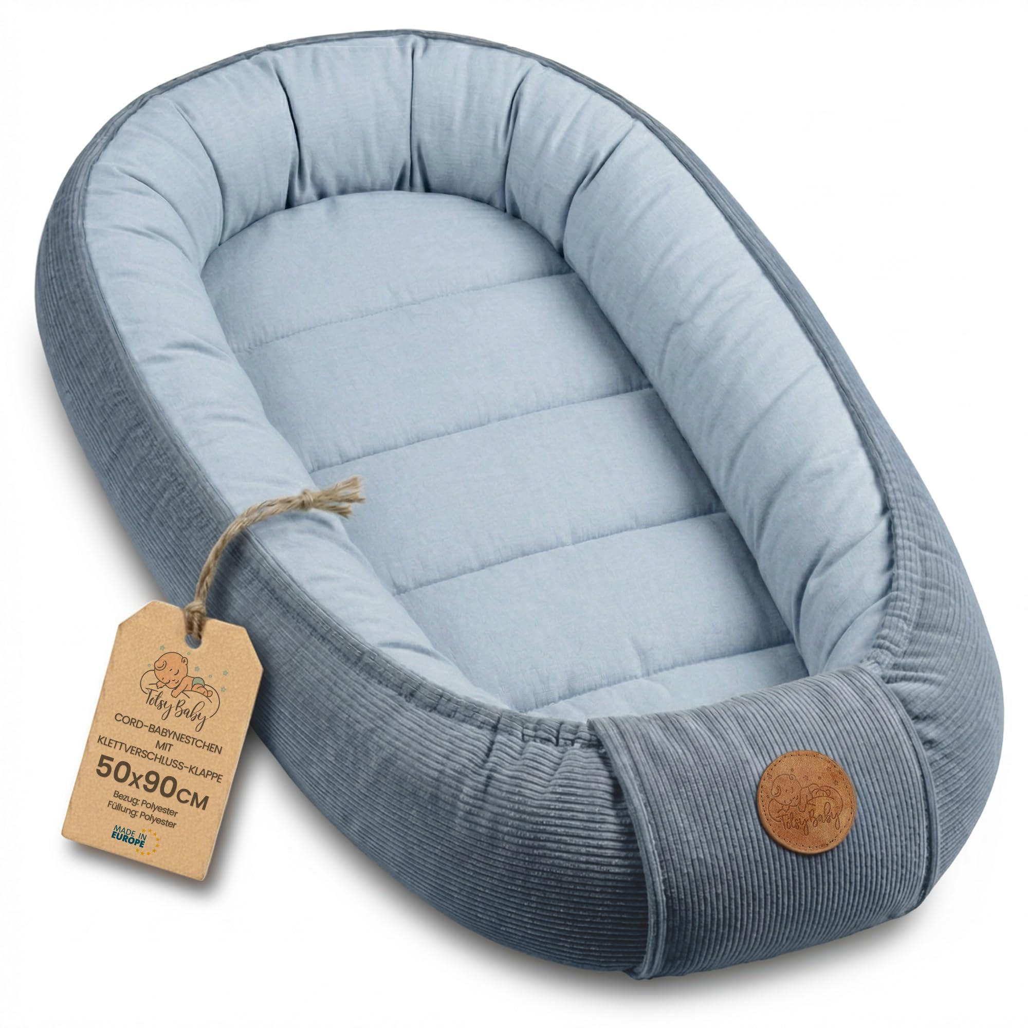 Snug Baby Nest Newborn – Baby Pod soft cuddly portable for Cot Toddler Bed Crib Moses Basket Nursery and Travel – cosy warm lovely for Boys & Girls 90x50 cm Denim blue Corduroy