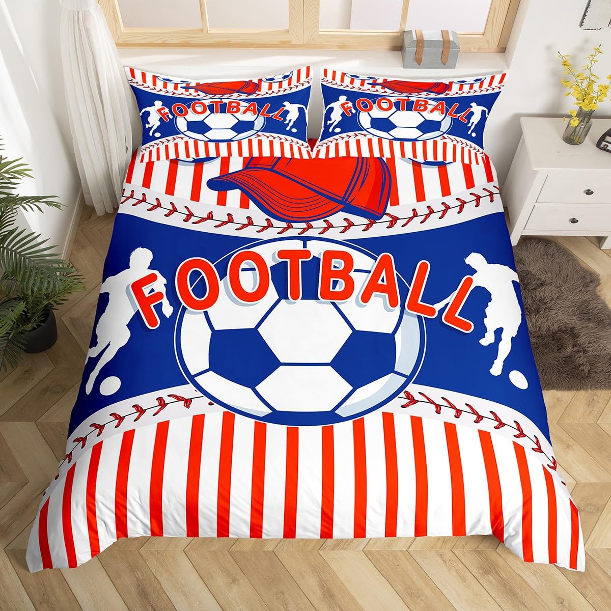 Boys Football Duvet Cover King,Soccer Bedding Set for Kids Teens Room Decor,Sports Themed Bed Set Navy Blue White Red Striped Duvet Cover 3Pcs (No Comforter)