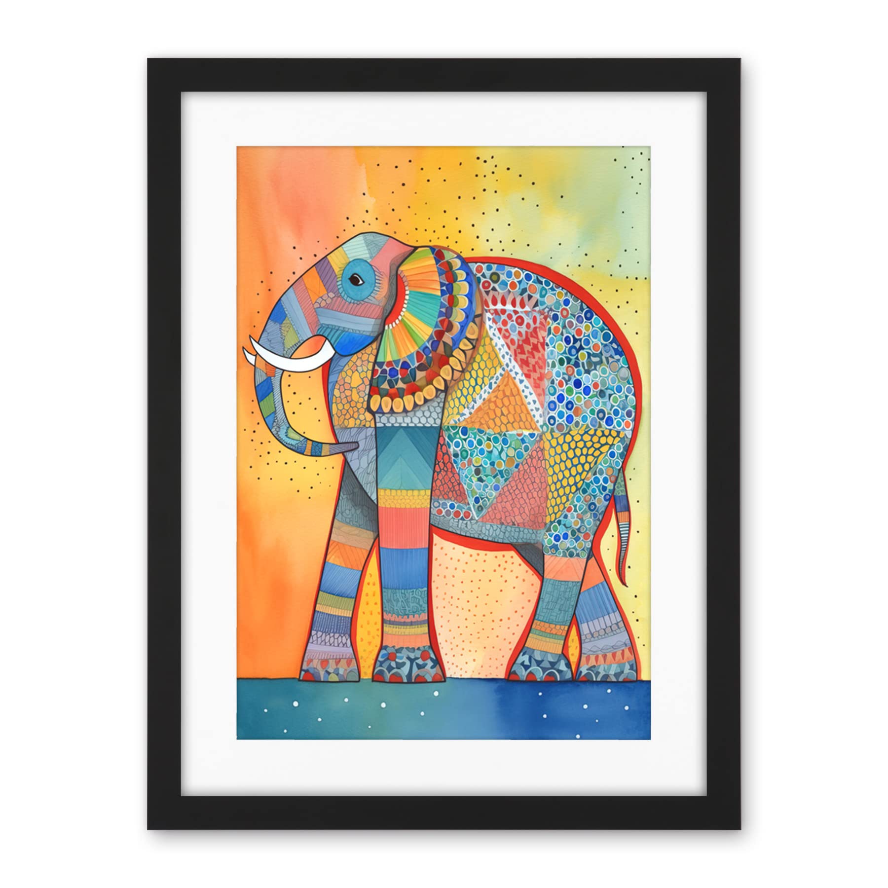 Artery8 Elephant With Geometric Patterns Folk Art Watercolour Painting Artwork Framed Wall Art Print 18X24 Inch