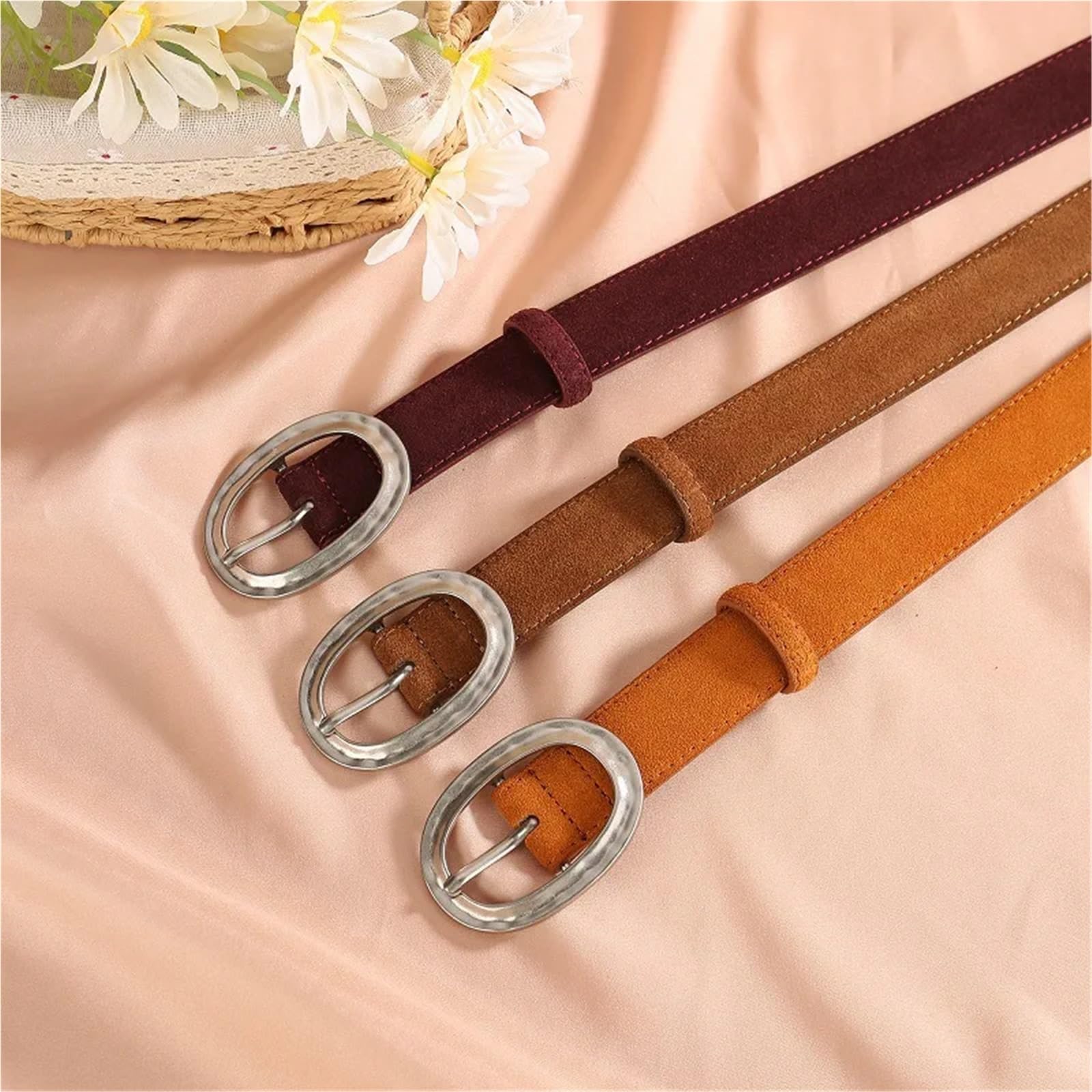 2 cinturones de cuero con hebilla para mujer, terciopelo de vaca esmerilado, versátil, decorativo, traje de mezclilla para mujer