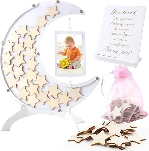 HMASYO Libro de visitas de luna con recortes de estrellas de madera, libro de invitados alternativo para baby shower, libros de invitados con marco