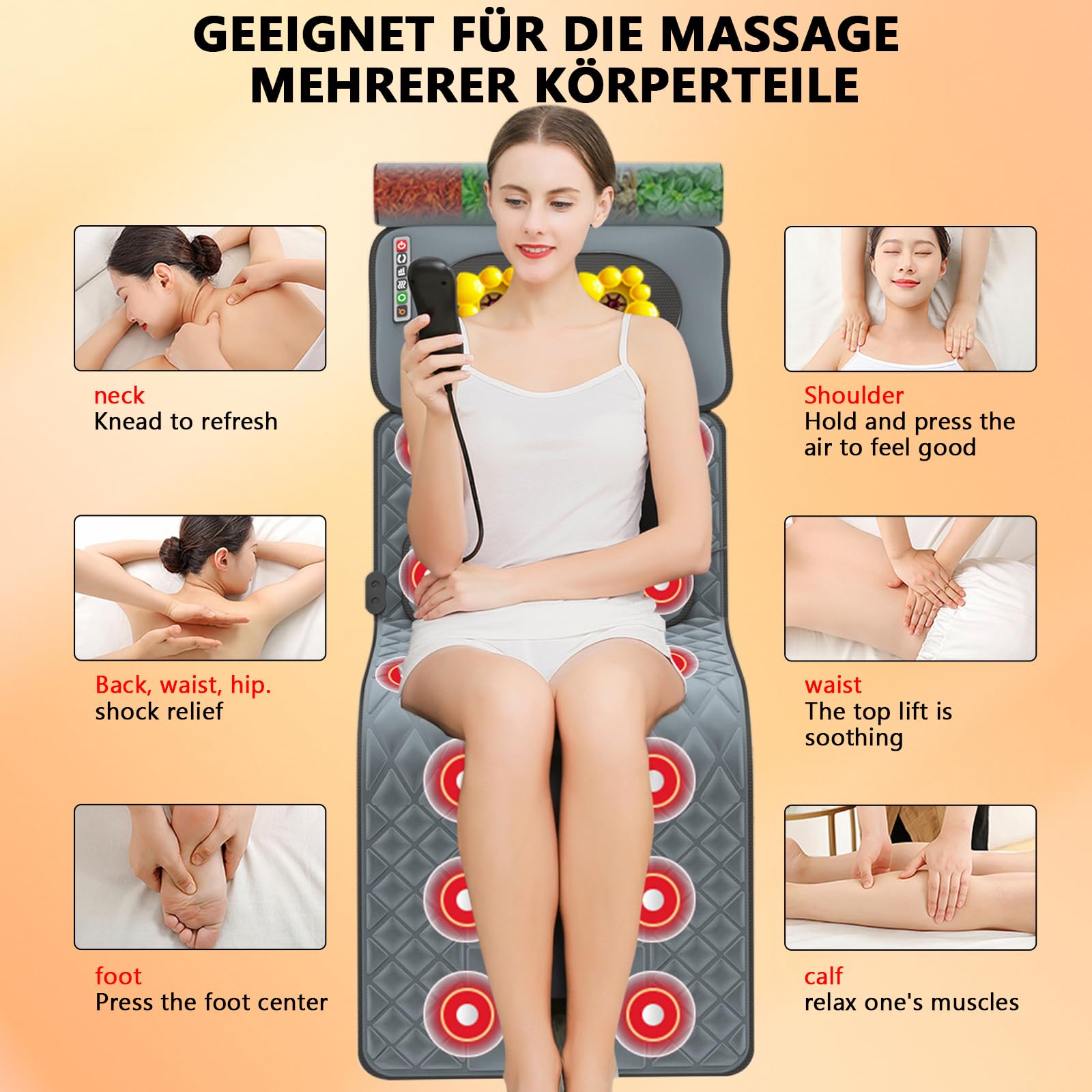 Massagematte Elektrisch, Massagematte Ganzkörpermassage mit Wärmefunktion-9 Einstellbare Modi, Abnehmbarer Massageauflage für Kopf/Nacken/Taillen/Rücken/Hüft/Beinmassage
