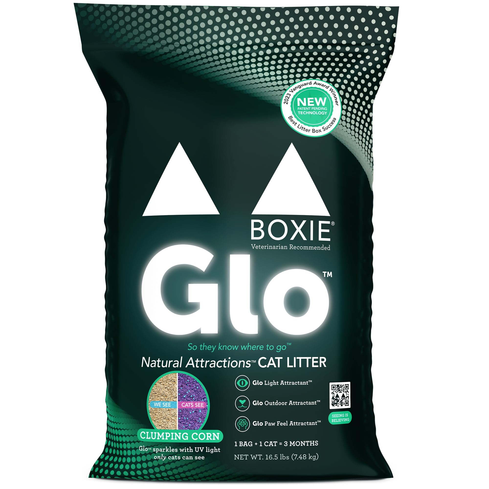 Boxie® Glo™ Natural Attractions 30 Day Odor Control Clumping Corn Cat Litter, 16.5 lb, 99.9% Dust-Free, Plant-Based, Lightweight, Strong Clumping, UV Light Attractant for Litter Box Use