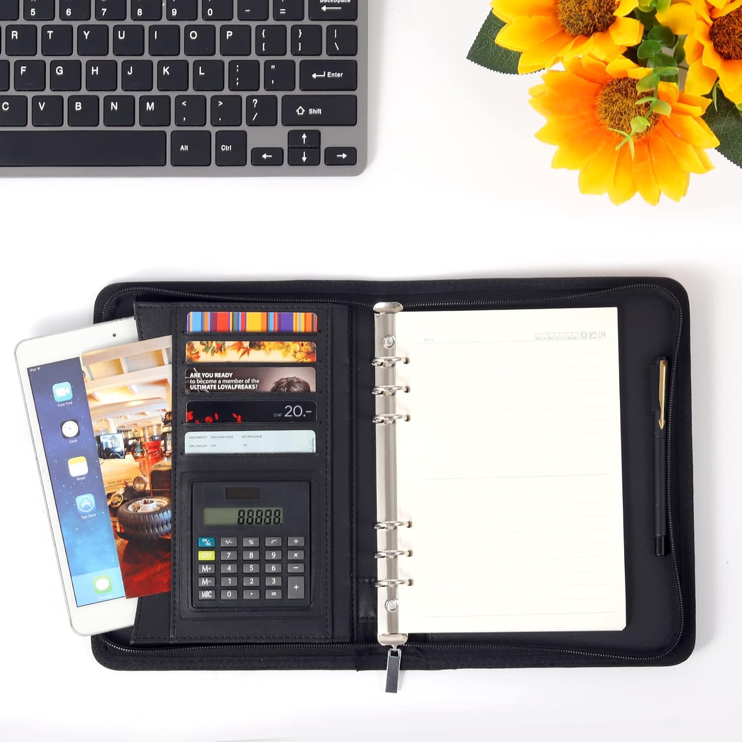 Zippered Leather Business Portfolio, Black Professional Executive PU Leather Business Portfolio Notebook for Men or Women with Calculator, Pockets for Cards and Tablet and Pen Holder : Office Products