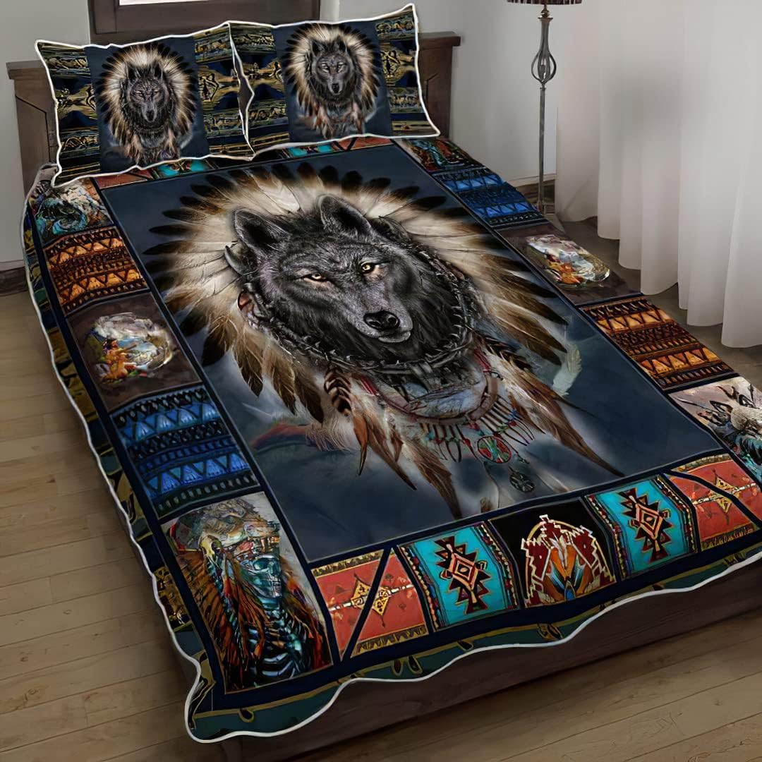 Native Amerian Wolf Spirit V3 Quilts Bed Set Bedding Set 3 Pieces Quilt Cover with Pillowcase Cover Soft Comfortable for Kids Parents Us Single Throw Twin Queen King Super King Size QUILT3910