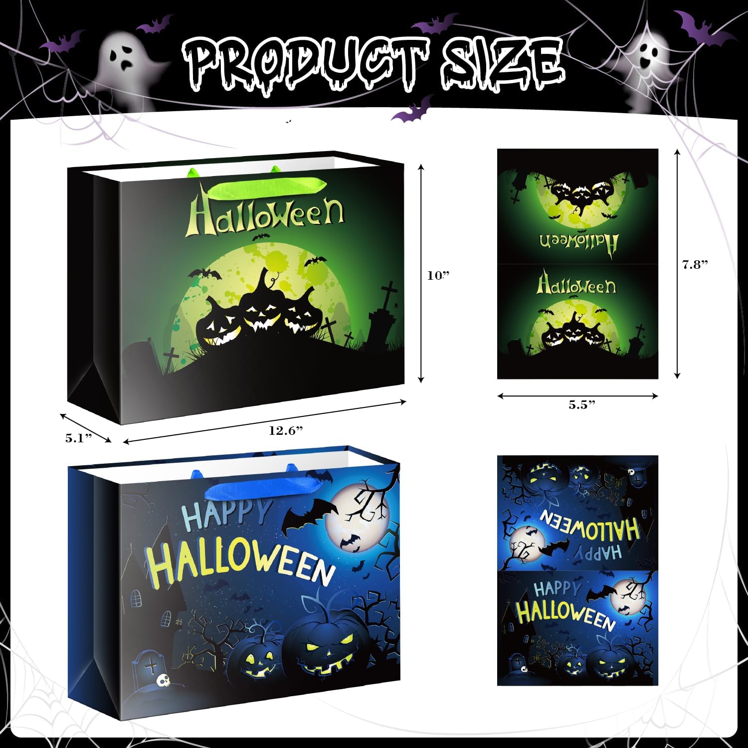 JWSCYSY 2Pack 12.6" Halloween Pumpkin Gift Bag with Card and Tissue Paper, Large Trick or Treat Gift Bags for Kids Adults Party Favor (Blue, Green) - Image 2