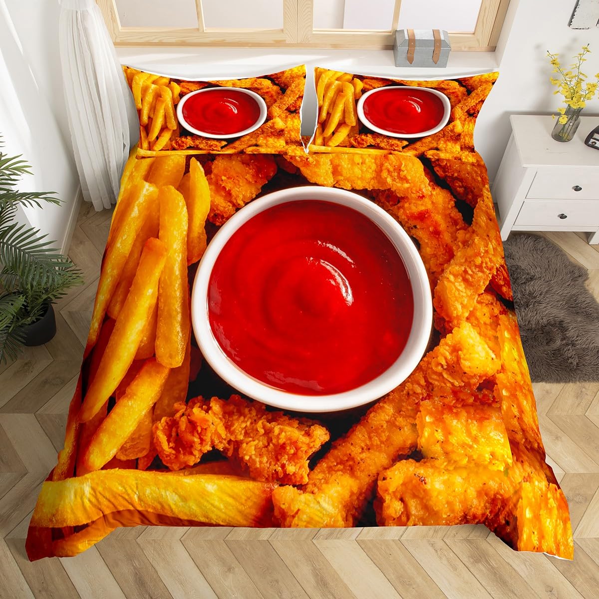 Homemissing Multicolored 13225 Food Chicken Bedding Set French Fries Comforter Cover Bedding Set For Kids Toddler Fried Chicken Duvet Cover Tomato Sauce 3D Food Bedspread Decor Bedclothes Single
