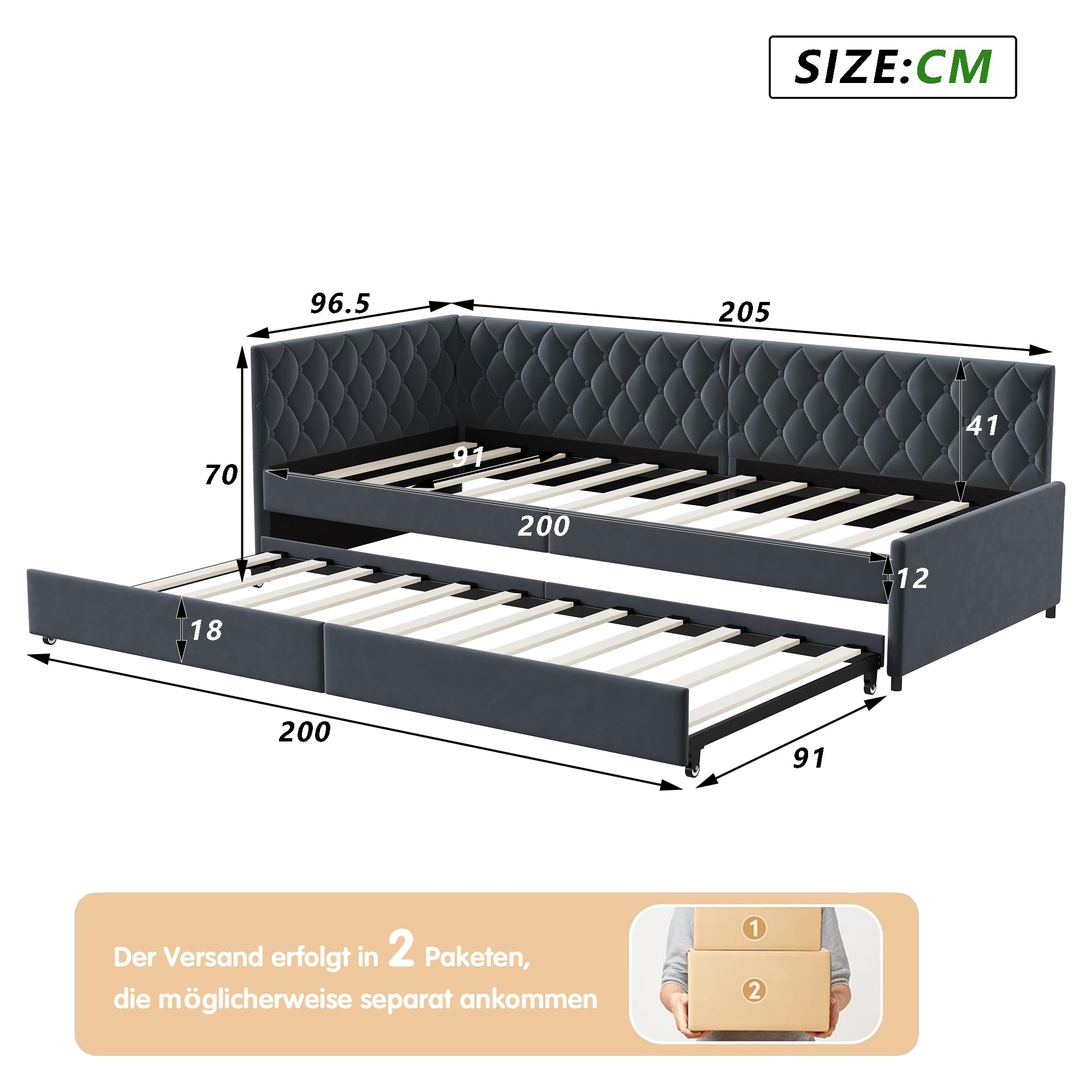 Sofá cama desplegable de 90x200 cm, sofá cama desplegable tapizado, sofá cama desplegable con somier, cama multifuncional, cama funcional, sofá cama para sala de estar dormitorio, sin colchón (Gris)