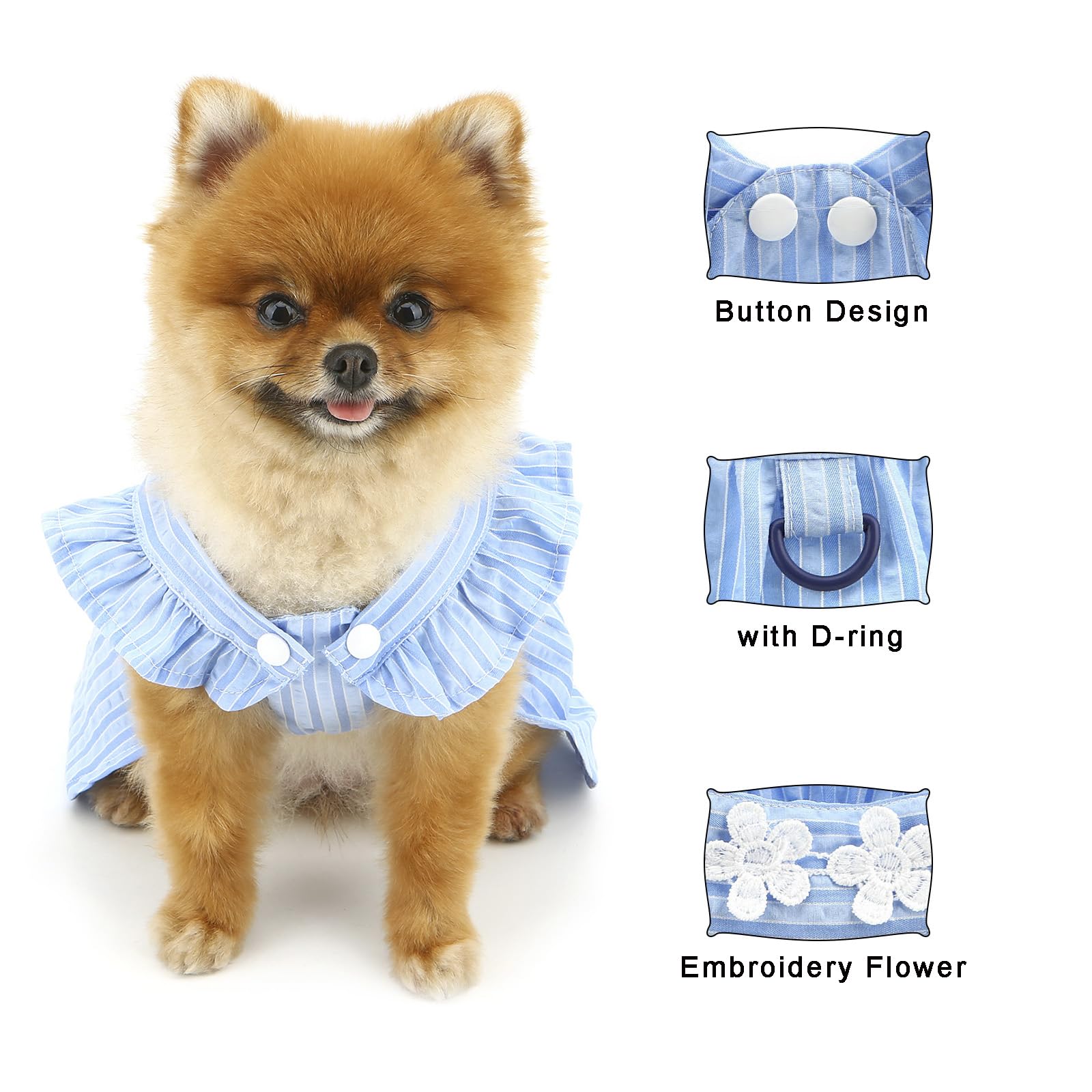 PAIDEFUL Small Dog Dress Elegant Girl Dogs Sundress Striped Puppy Skirt with Flower Embroidery Summer Strap Princess Dresses Cool Pet Clothes Cute Cat Chihuahua Costume Button D-ring,Blue,S - Image 3
