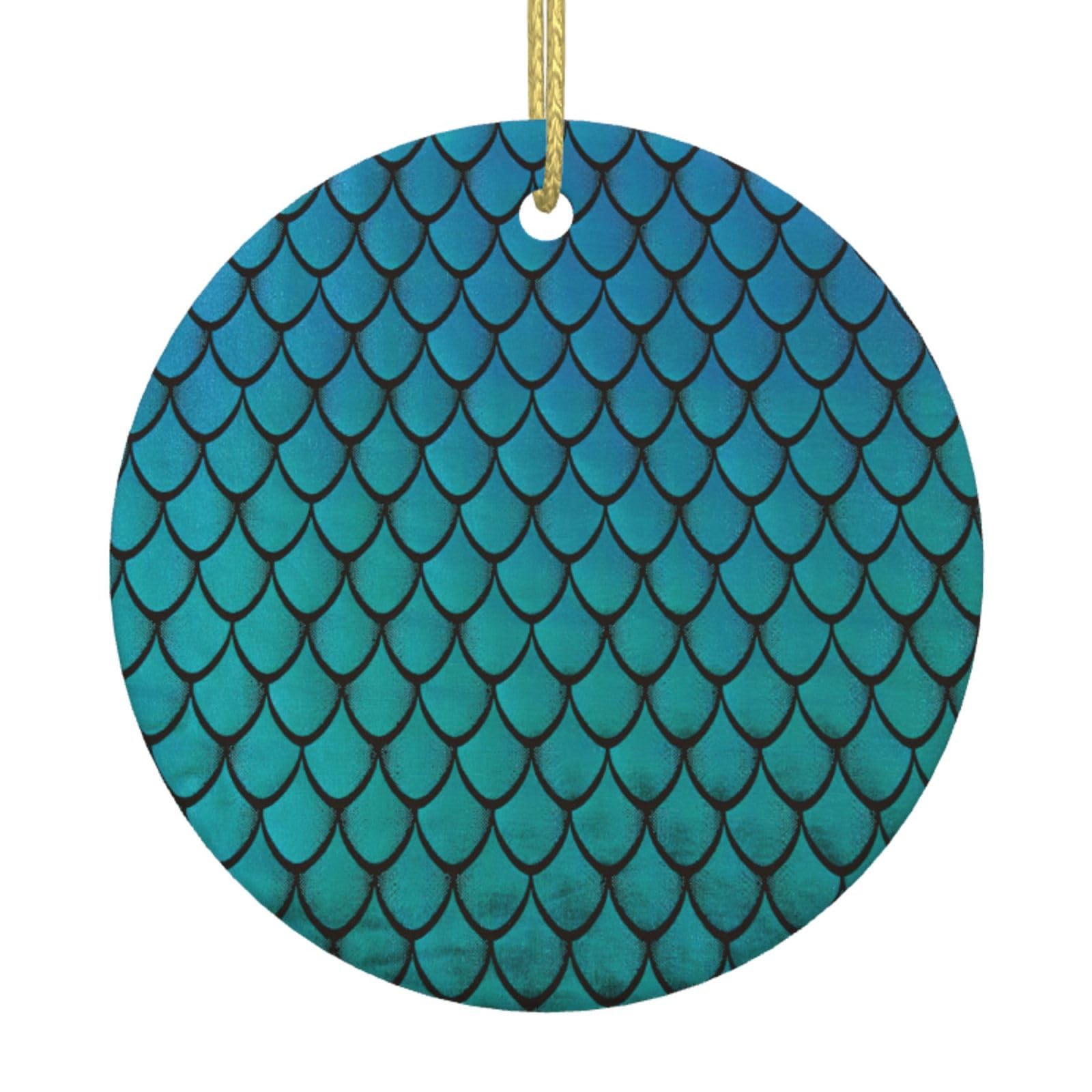 Blue Fish Scale Print Christmas Ornaments, Ceramic Hanging Ornament, Round Shape Decorations