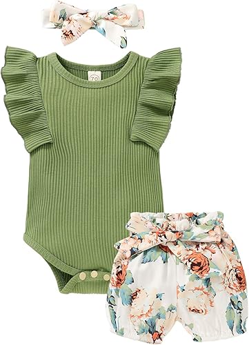 Conjunto de ropa de verano para bebé niña, mameluco de manga con volantes y pantalones cortos florales con diadema