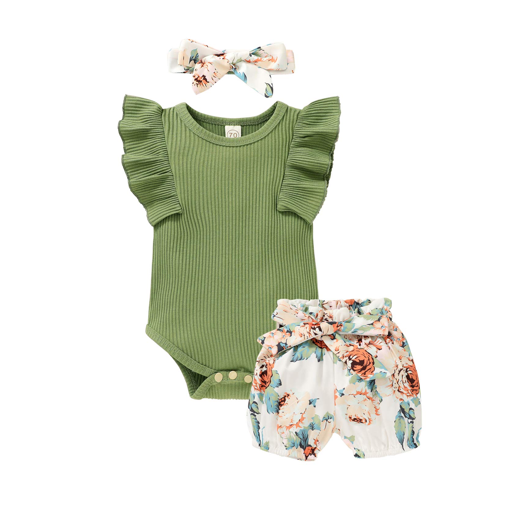 Tiny Cutey Baby Girl Clothes Infant Summer Outfits Set Ruffle Sleeve Romper and Floral Shorts with Headband