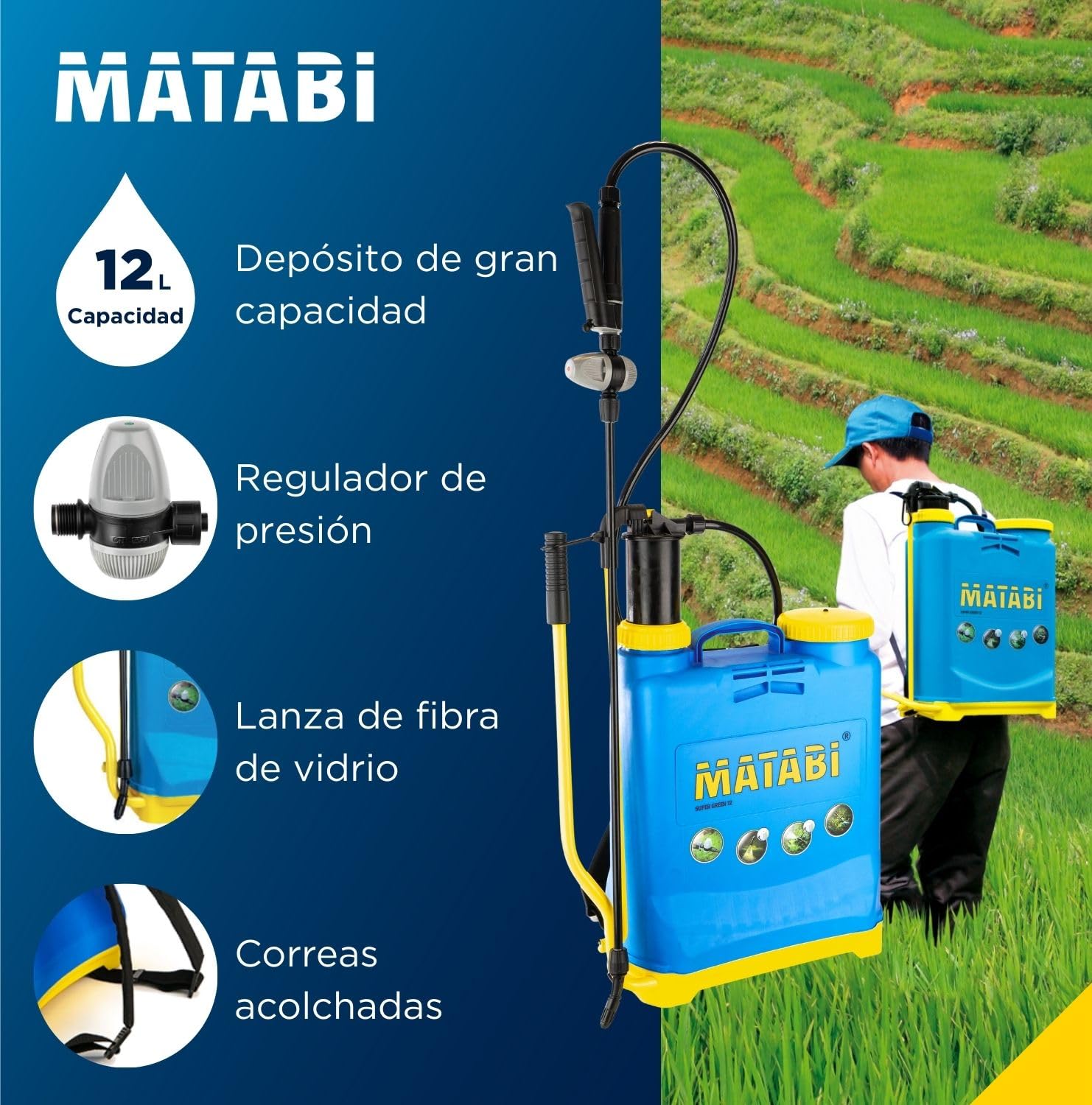 Matabi - Pulverizador a Presión Manual - Sulfatadora 12L - Lanza de Fibra y Boquilla Resistente - Fumigadora con Regulador de Presión - Correas Acolchadas - Super Green 12 - Fabricado en España