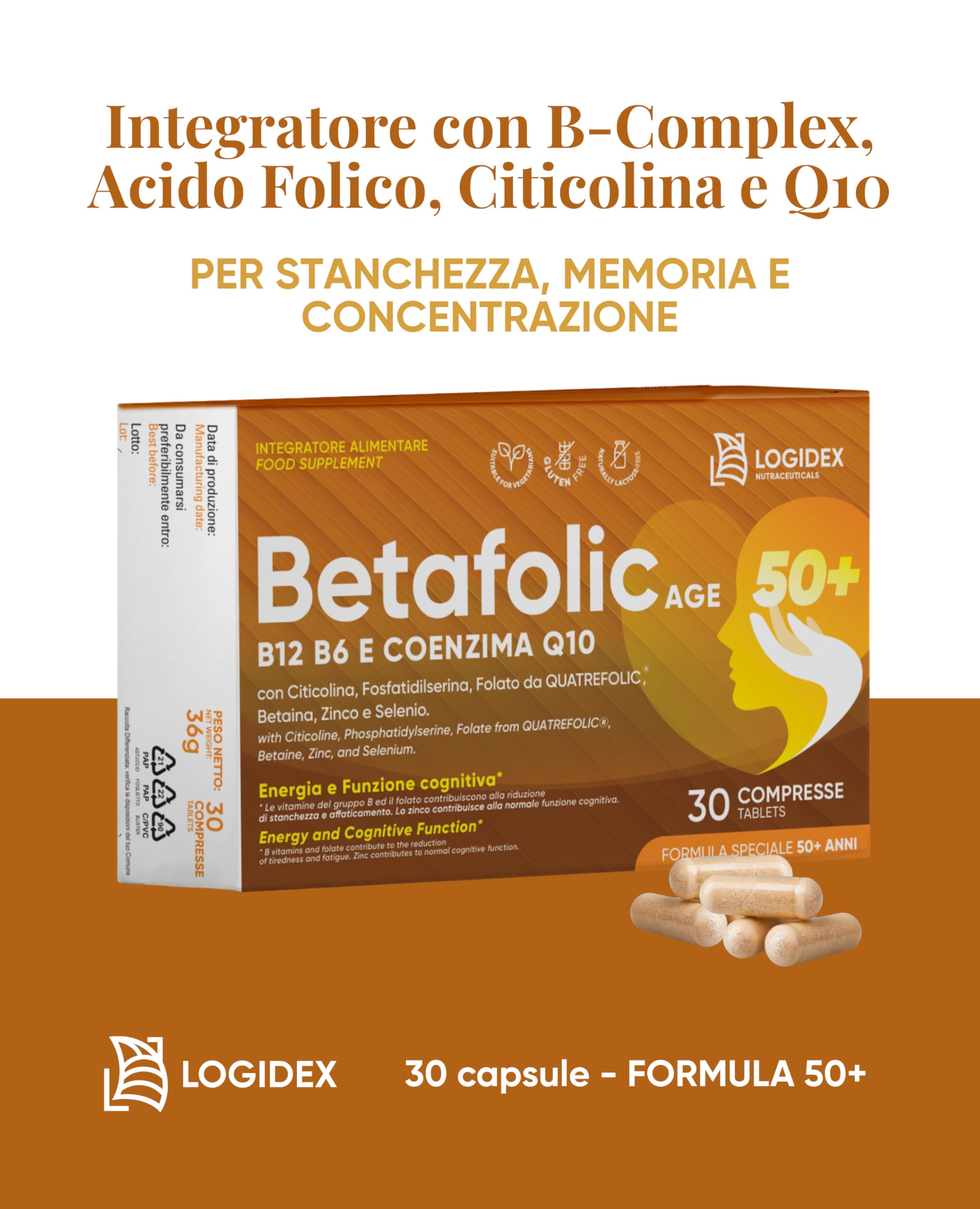 Betafolic Age - Integratore Vitamina B6 e B12, per Stanchezza, Memoria e Concentrazione, con B-Complex, Acido Folico, Citicolina e Q10 – 30 Compresse – Made in Italy Logidex