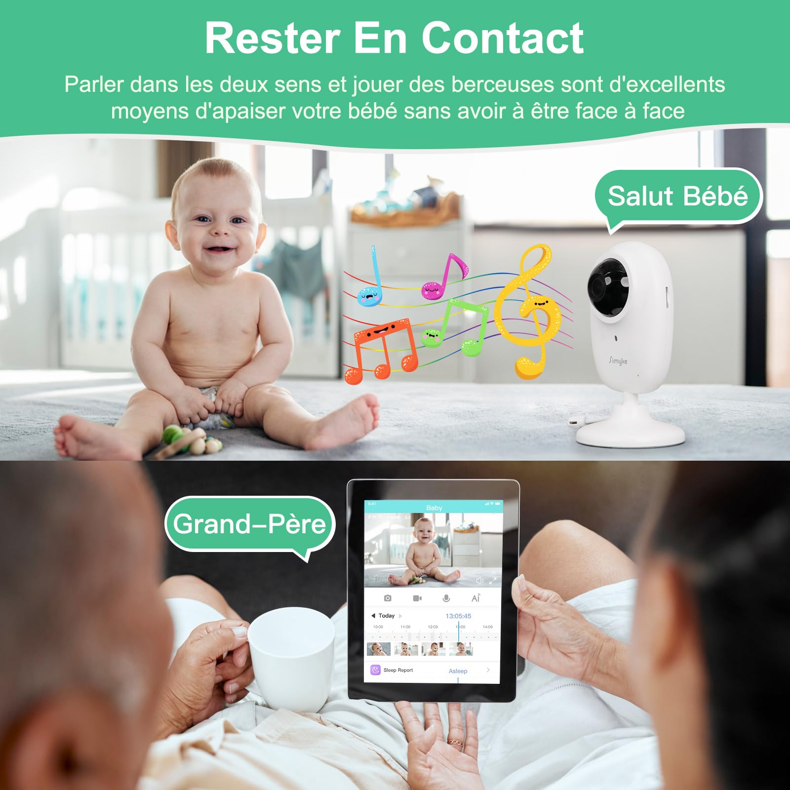 Simyke Babyphone, Caméra Bébé WiFi 1080p, contrôle app, Vision Nocturne, Notifications en Temps réel, Lecture vidéo avec Stockage Cloud ou Carte SD, Capture Automatique et Alerte de sécurité