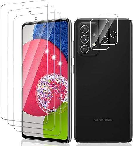 Paquete de 3 + 2 protectores de pantalla para Samsung Galaxy A52 4GA52 5GA52S 5G con 2 paquetes de protectores de lente de cámara borde 2.5D, dureza