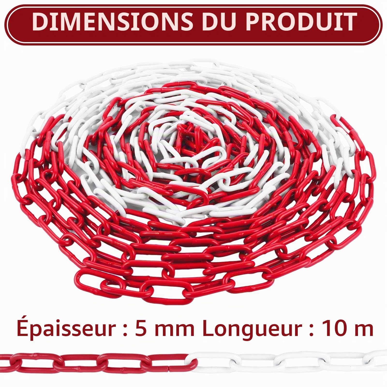 CYEER Chaîne de barrière en métal rouge et blanc 10 m – Chaîne en acier robuste de 5 mm d'épaisseur – Chaîne d'avertissement résistante aux intempéries pour parking, chantier et barrière