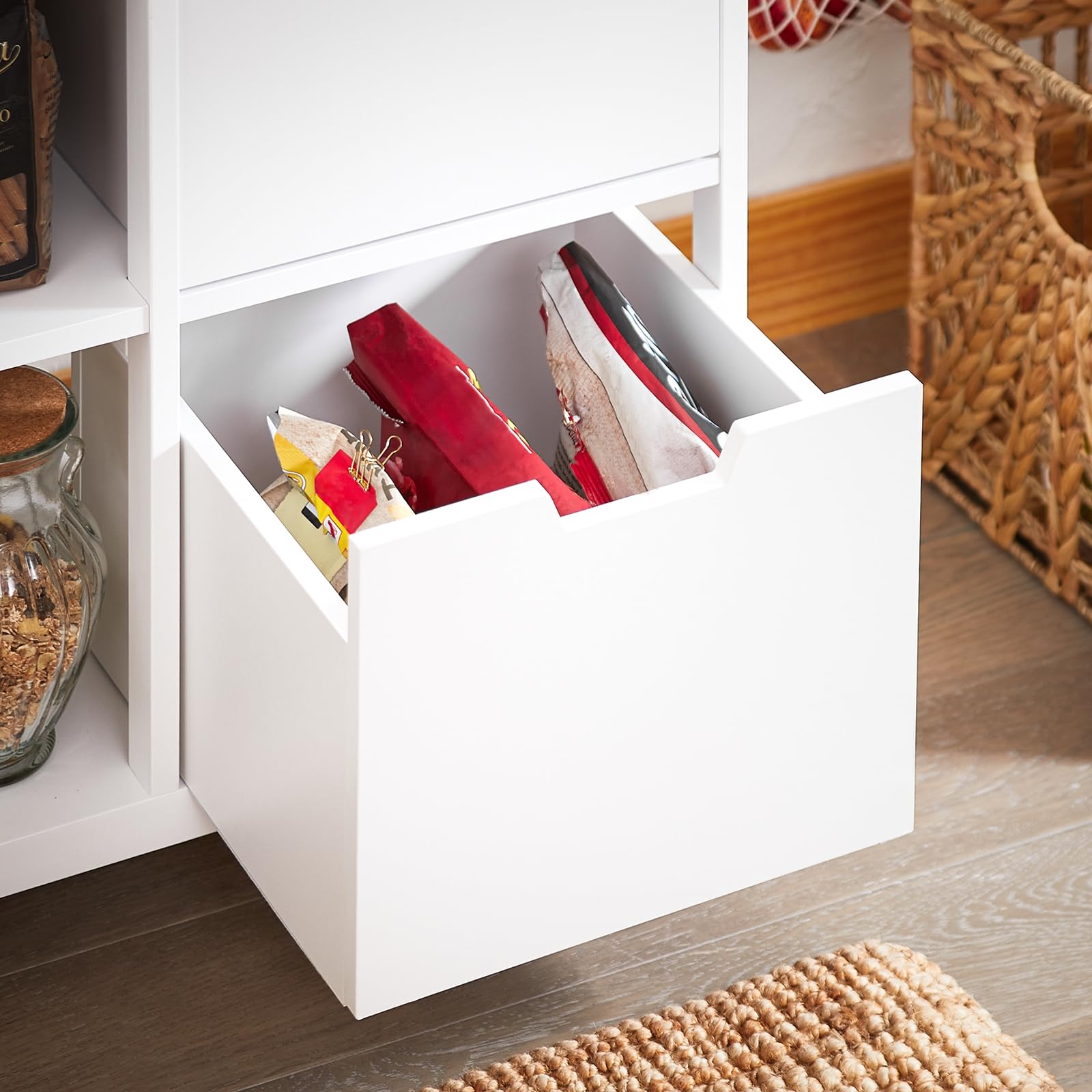 SoBuy Carrito Auxiliar con Ruedas para Espacios Pequeños, Mueble Auxiliar de Cocina con Cajones, Isla de Cocina con Ruedas, Carrito de Cocina con 3 Estantes Estilo Moderno Blanco 53x37x89 cm FKW111-WN