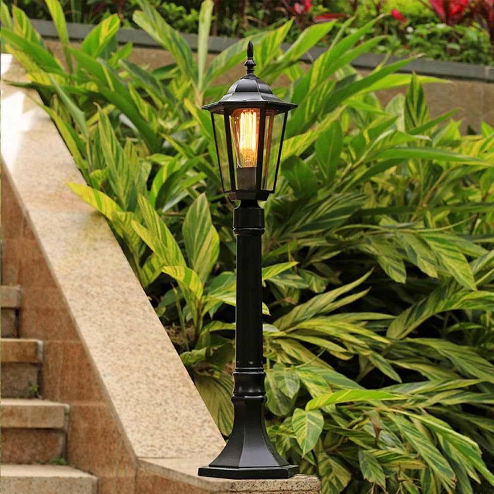 Garden Outdoor Pathway Bollard Lawn Light E27 Black Post Light Weatherproof Assurance IP65 Column Lamp Aluminum Metal Glass for Garden Trails Pathways Streetlight Driveway Villa Patios Floor (E)