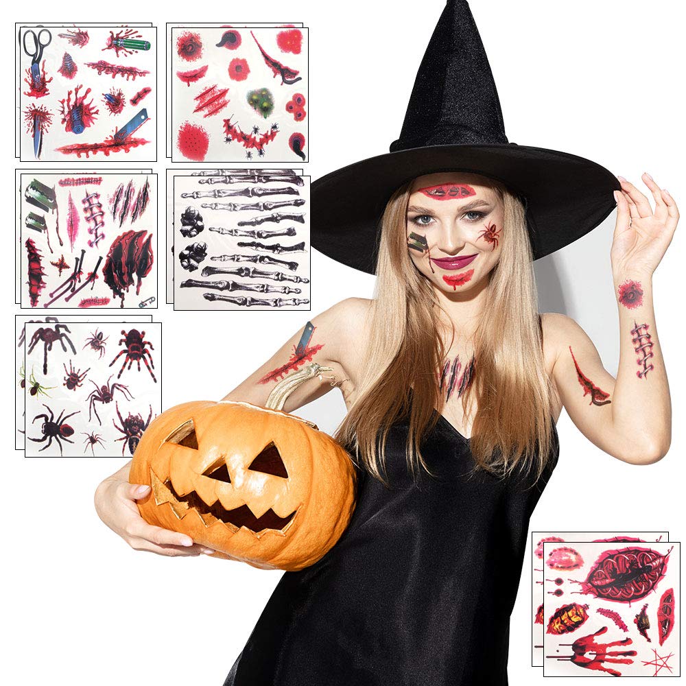 Halloween Temporary Scar Tattoo Sticker，12 Sheets Waterproof Horror Fake Bloody Wound Makeup Props for Halloween Makeup, Cosplay Makeup and Zombie Makeup