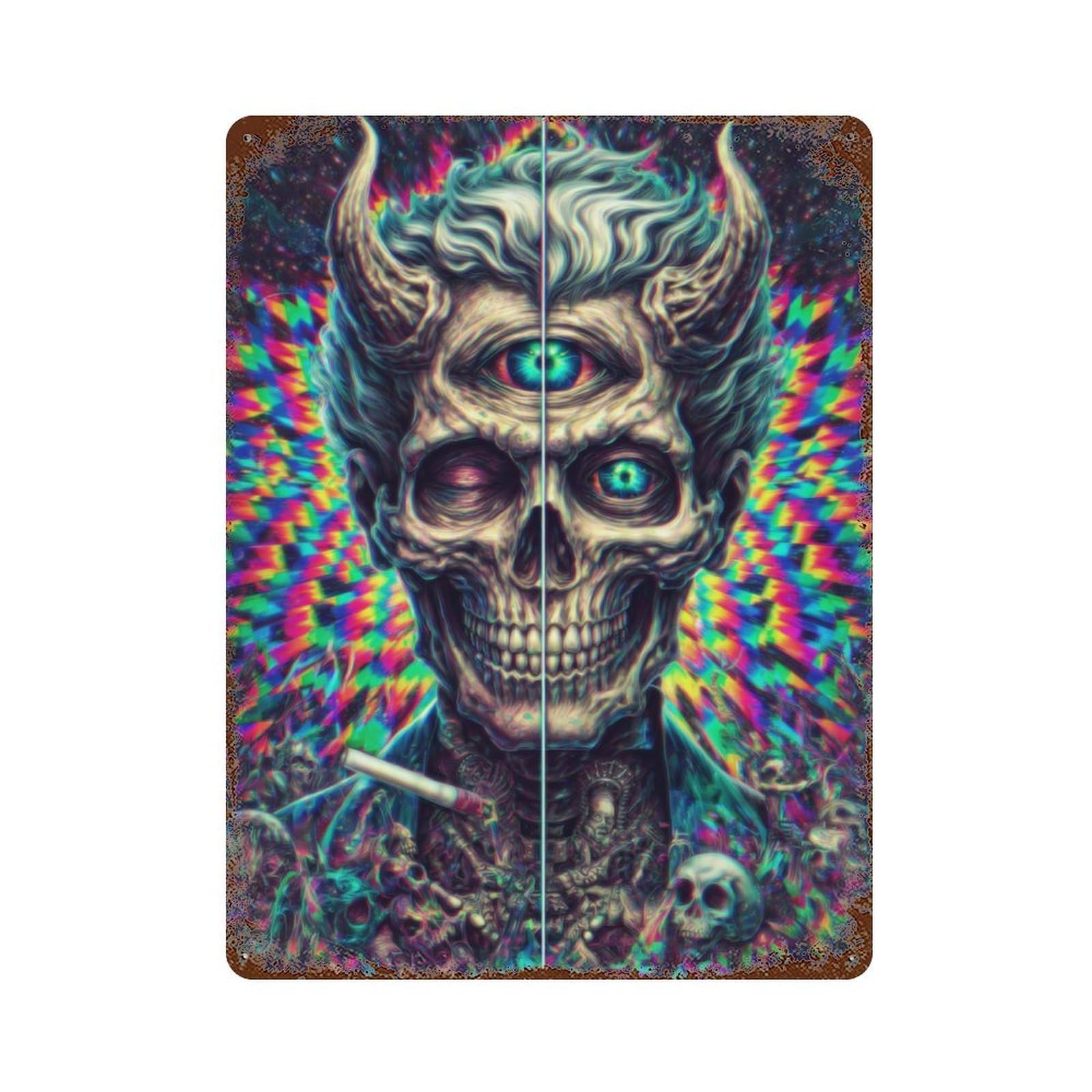 Psychedelic Devil Skull Art Print-1 Vintage Metal Tin Sign 15.7"x11.8", Rustic Home Decor for Garage, Bar And Workshop Decor