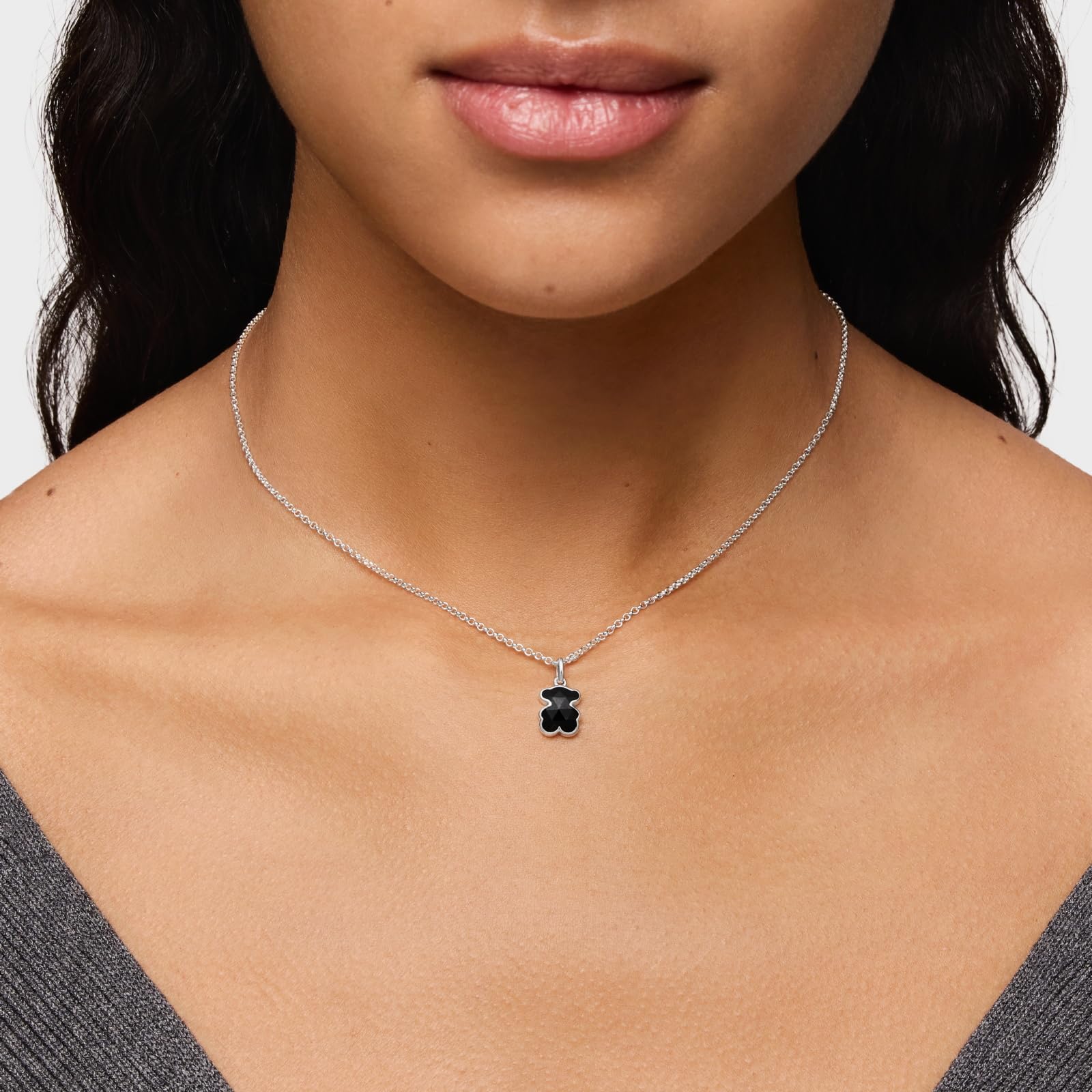 TOUS Collar Corto para Mujer de Plata de Primera Ley y Motivo Oso En Ónix, Colección Icon Color