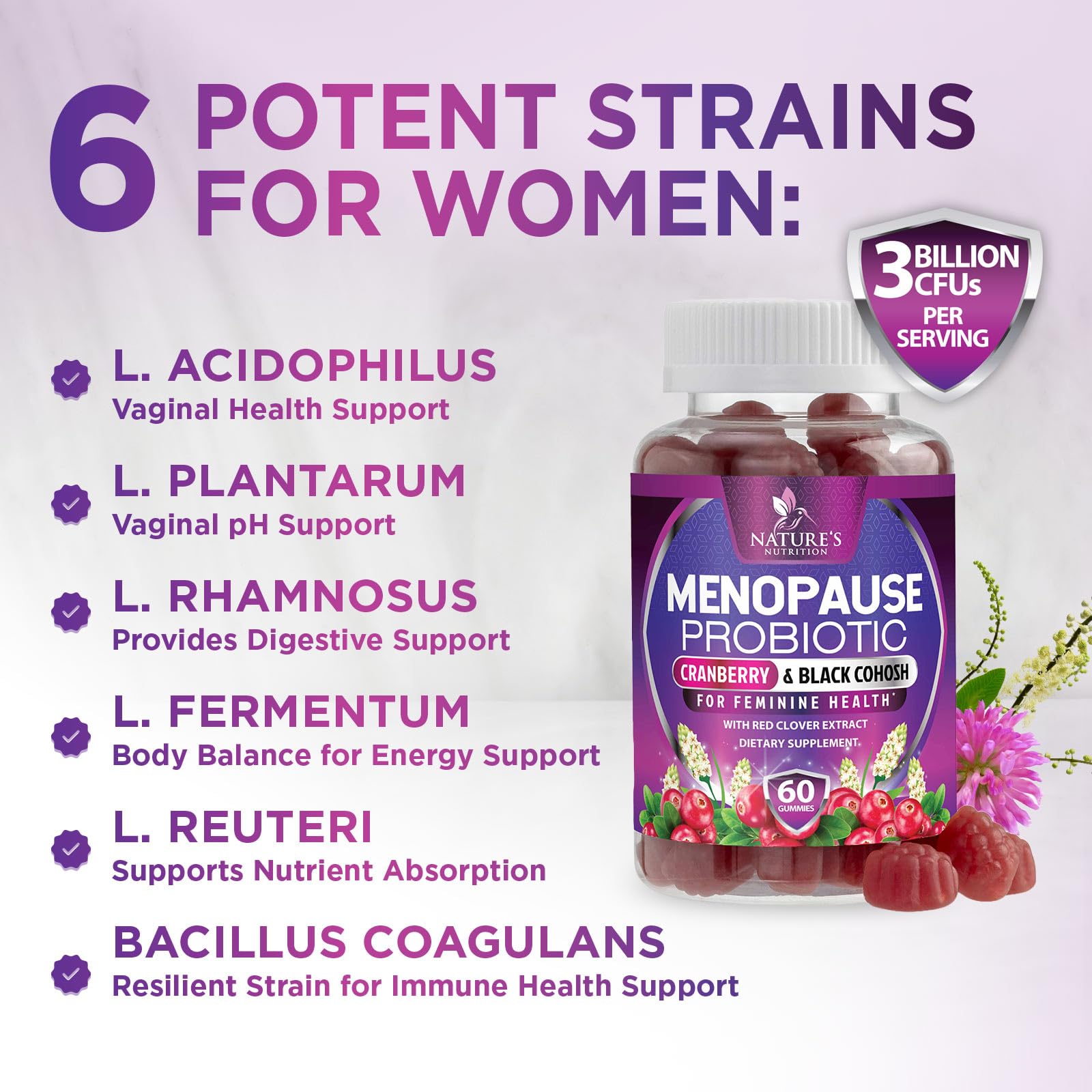 Menopause Probiotic Gummies for Women - Advanced Menopause Relief for Women with Black Cohosh - Complete Women's Probiotics Gummy Supplements for Mild Hot Flashes & Night Sweats Support - 60 Gummies — Amazon image 5