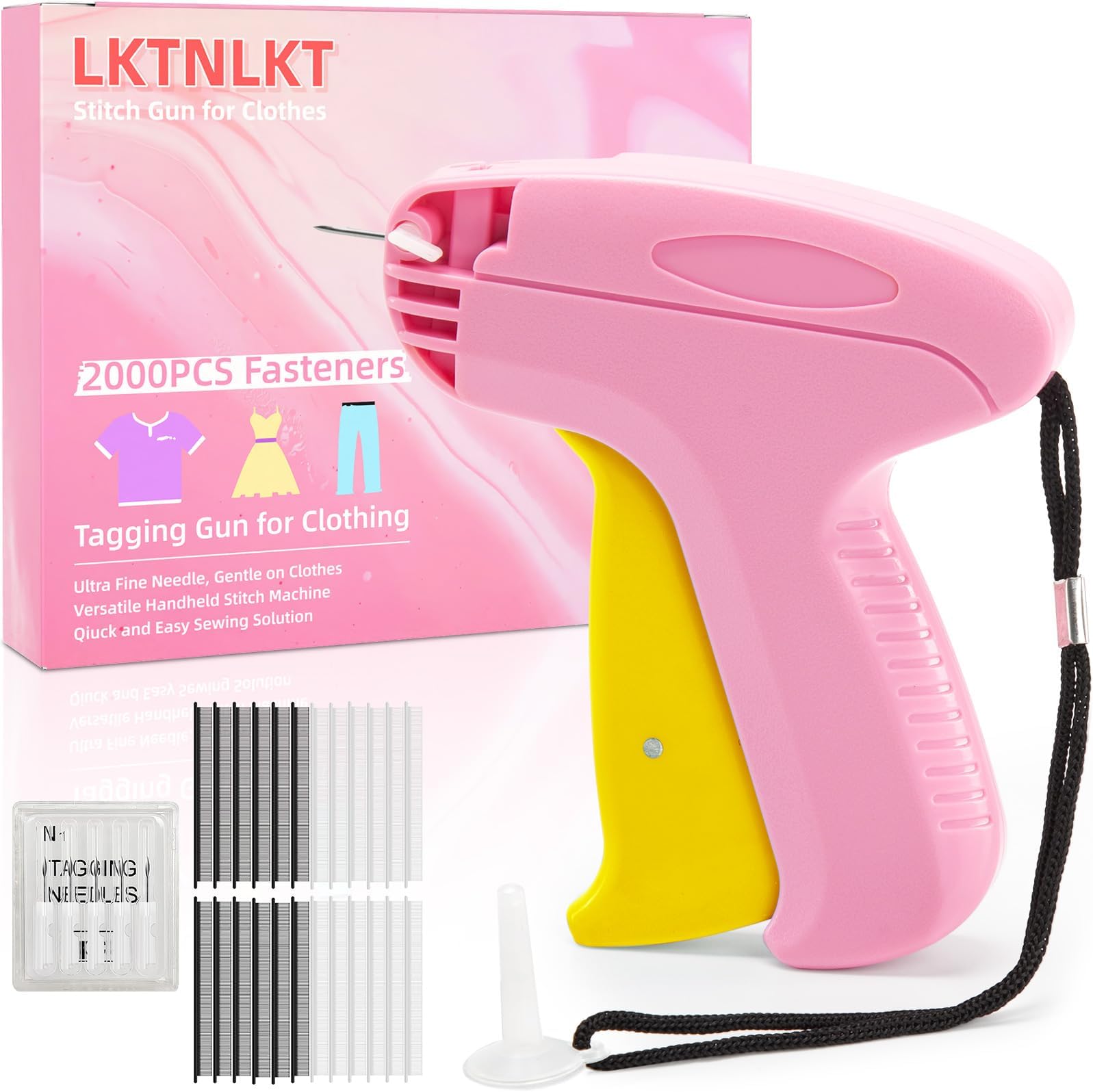 Stitch Gun for Clothes - Includes 6 Fine Needles, 1000 White & 1000 Black Fasteners, Handheld Stitch Gun - Quick Clothing Fixer, Tag Gun for Clothes (Pink Yellow)