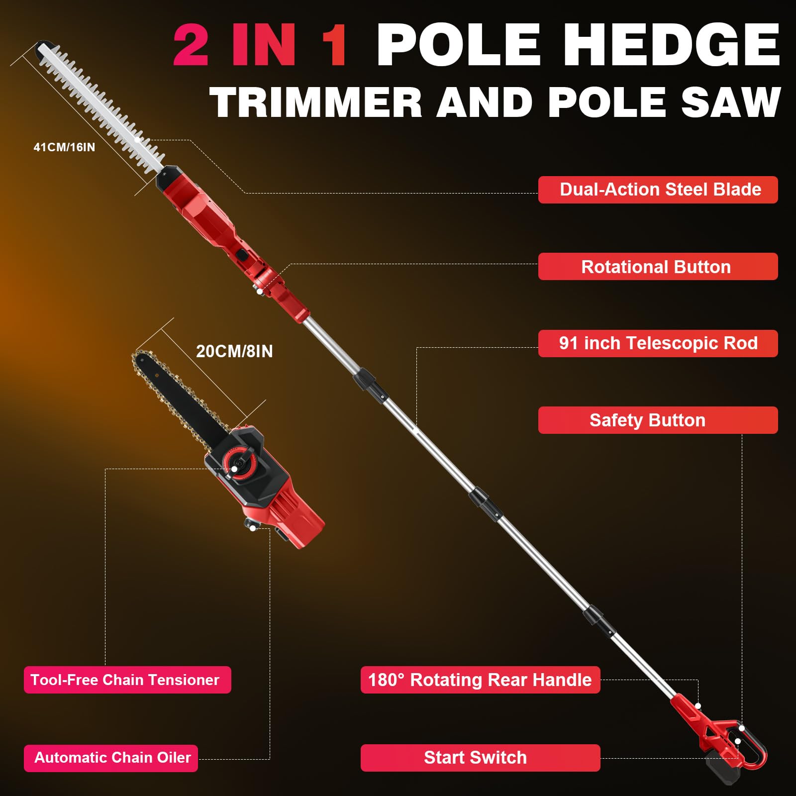Bezprzewodowa piła do żywopłotu 2 w 1, kompatybilna z akumulatorem Milwaukee 18 V, elektryczną piłą łańcuchową 20 cm, przedłużaczem 40 cm, trymer do żywopłotu do krzewów, drzew, kończyn i gałęzi (bez