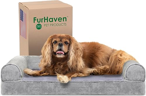 Furhaven Cama para perro, espuma de gel refrescante, de pelo sintético y terciopelo, estilo sofá, color humo gris, talla M