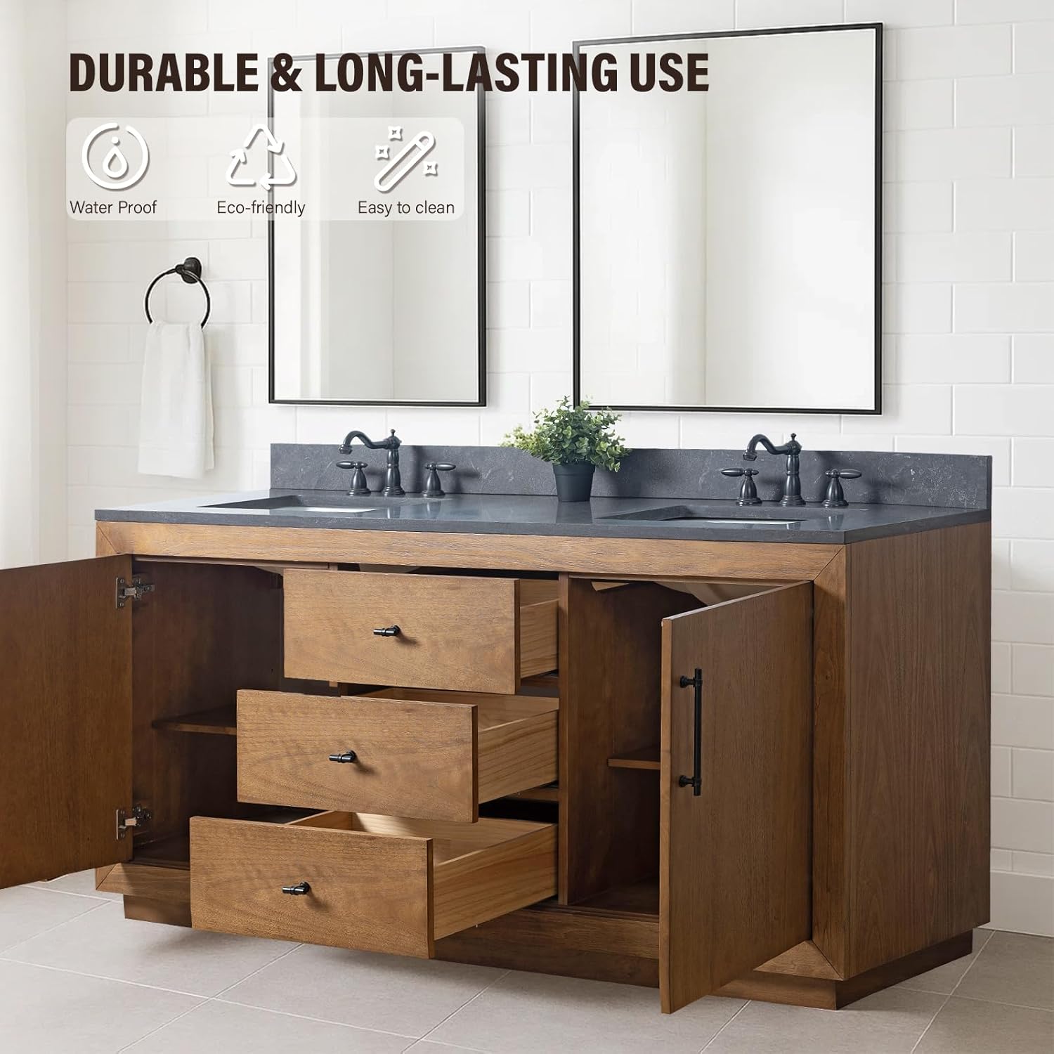 HOMEBEYOND 72" Bathroom Vanity with Double Sink & Ceramic Top, MDF Material Vanity Cabinet with Basin Combo, Soft-Closing Doors, Removable Shelf, Backsplash, Tan