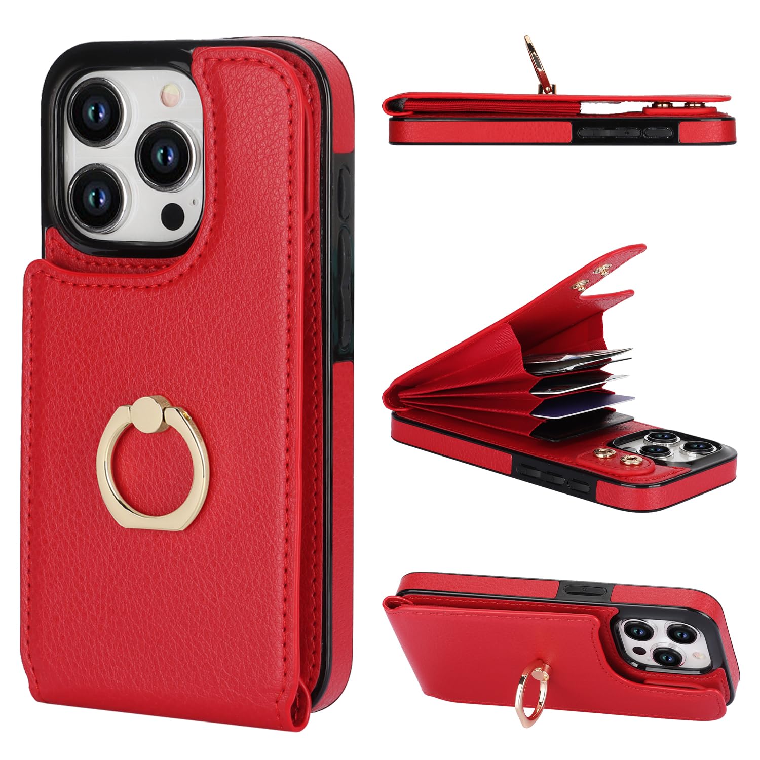 Folosu Compatible with iPhone 15 Pro Case Wallet with Card Holder, 360°Rotation Finger Ring Holder Kickstand, RFID Blocking Leather Protective Double Buttons Shockproof Cover 6.1 Inch Red