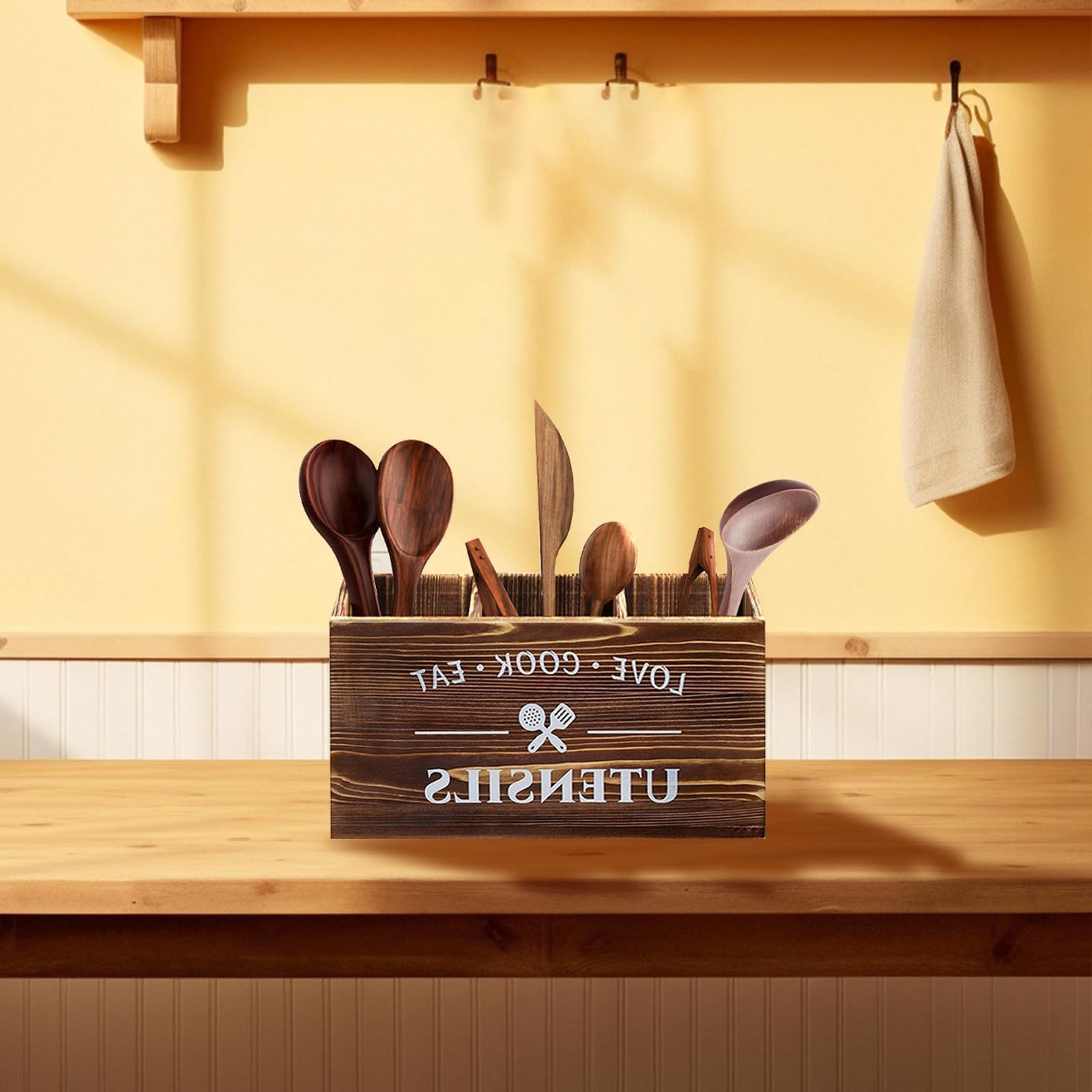 Portautensili Da Cucina Per Piano Di Lavoro, 3 Scomparti Porta Utensili In Legno, Organizer Per Utensili Da Cucina, In Legno Con Fondo Di Drenaggio, In Rustico (Marrone)