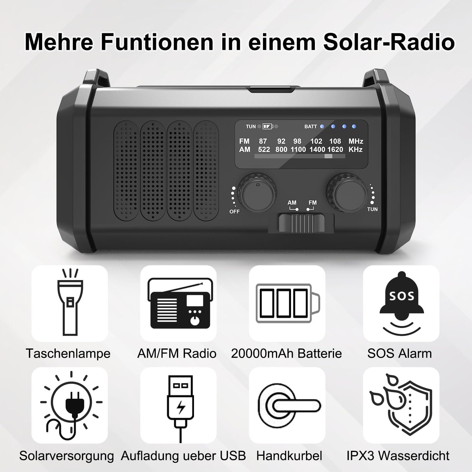 Solar Radio, Tragbar Kurbelradio AM/FM Notfallradio mit 10000/20000mAh Wiederaufladbar Powerbank, 3 Modi LED Taschenlampe, SOS Alarm,USB-C Handyladung für Camping Ourdoor (Schwarz, 20000 mAh)