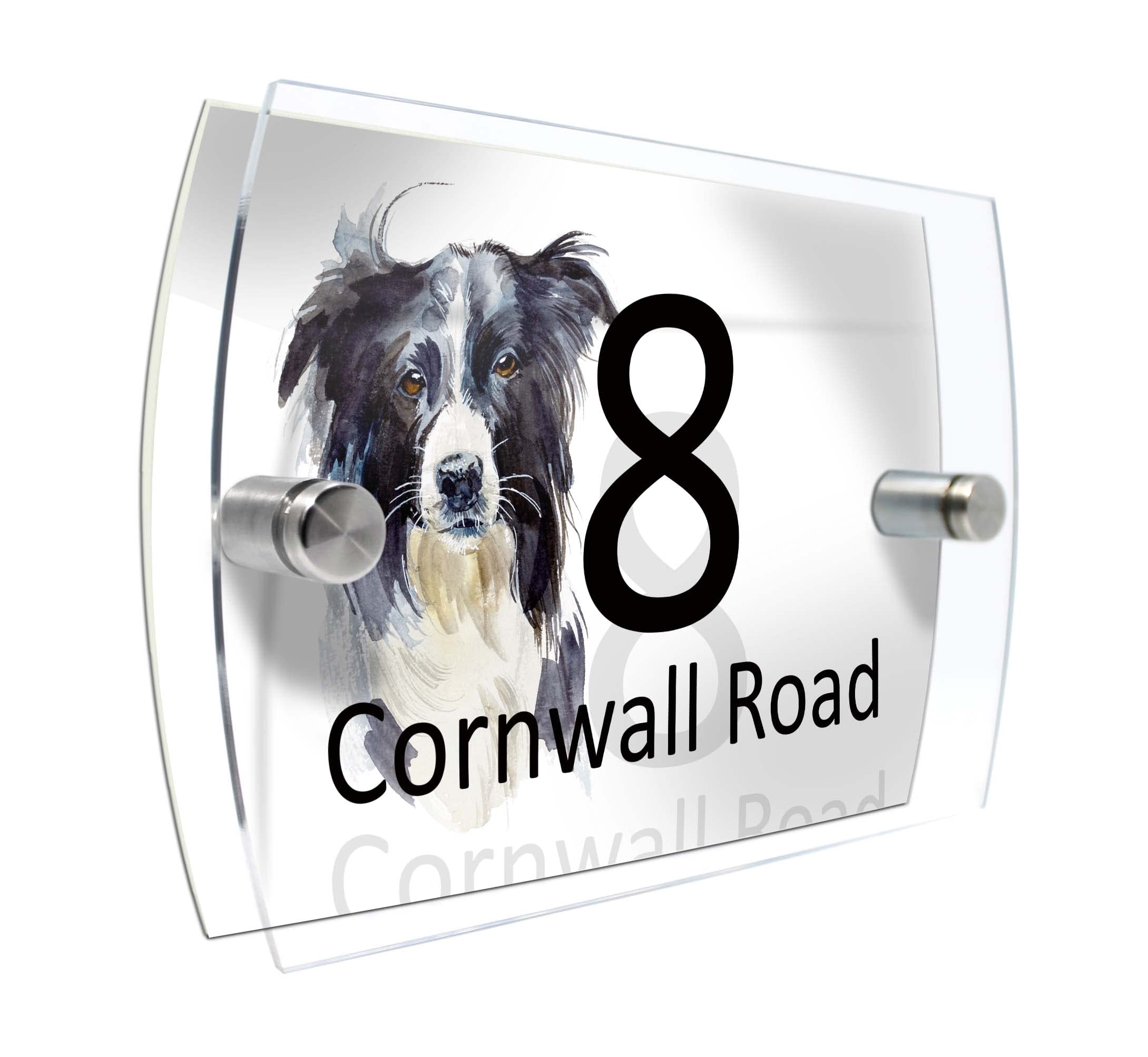 House Number Plaque Sign Door Road Plate for Dog Lovers Personalised Watercolour Print (D413 Border Collie2)
