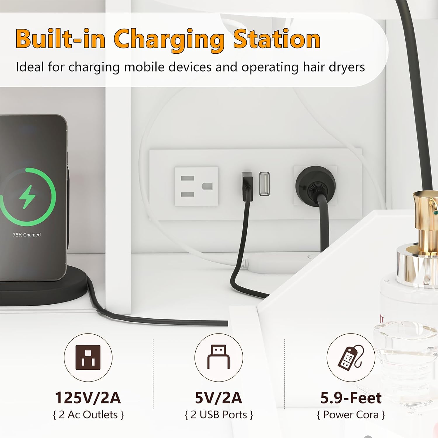 L-Shaped Corner Vanity Desk with LED Lighted Mirror & Charging Station, White Makeup Vanity with 6 Drawers & Sliding RGB Cabinet, Large Farmhouse Dressing Table with Open Storage Shelves for Women