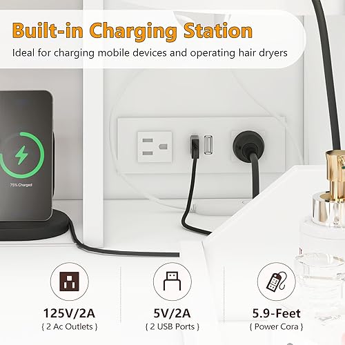 Miniatura 4 de Mesa de tocador de esquina en forma de L con espejo LED iluminado y estación de carga, tocador de maquillaje blanco con 6 cajones y gabinete RGB