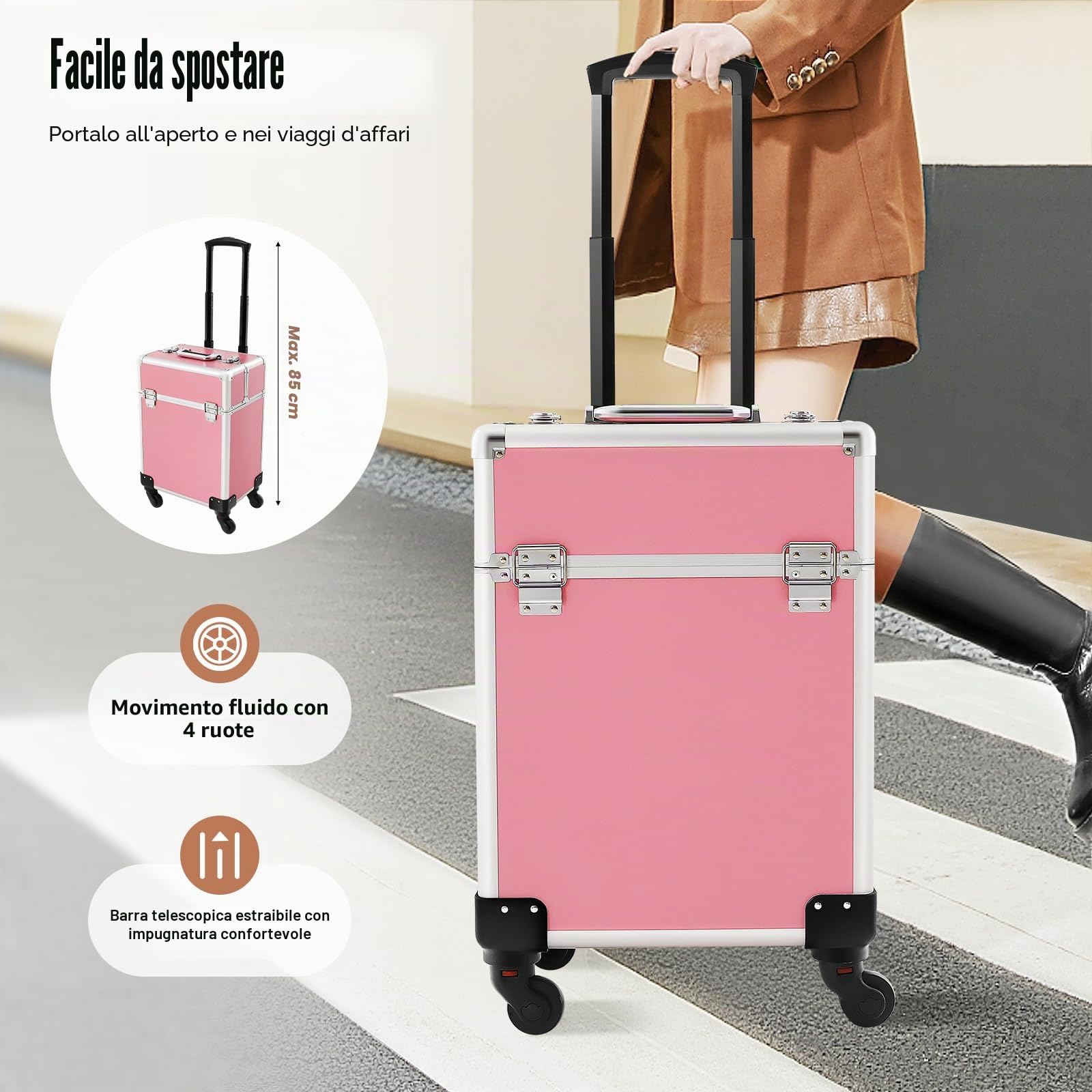 Valigia per il trucco professionale,Valigetta per il trucco a rotelle,Valigetta cosmetica rigida con ruote rimovibili,Manico telescopico,Trasporto da viaggio lavoro a casa