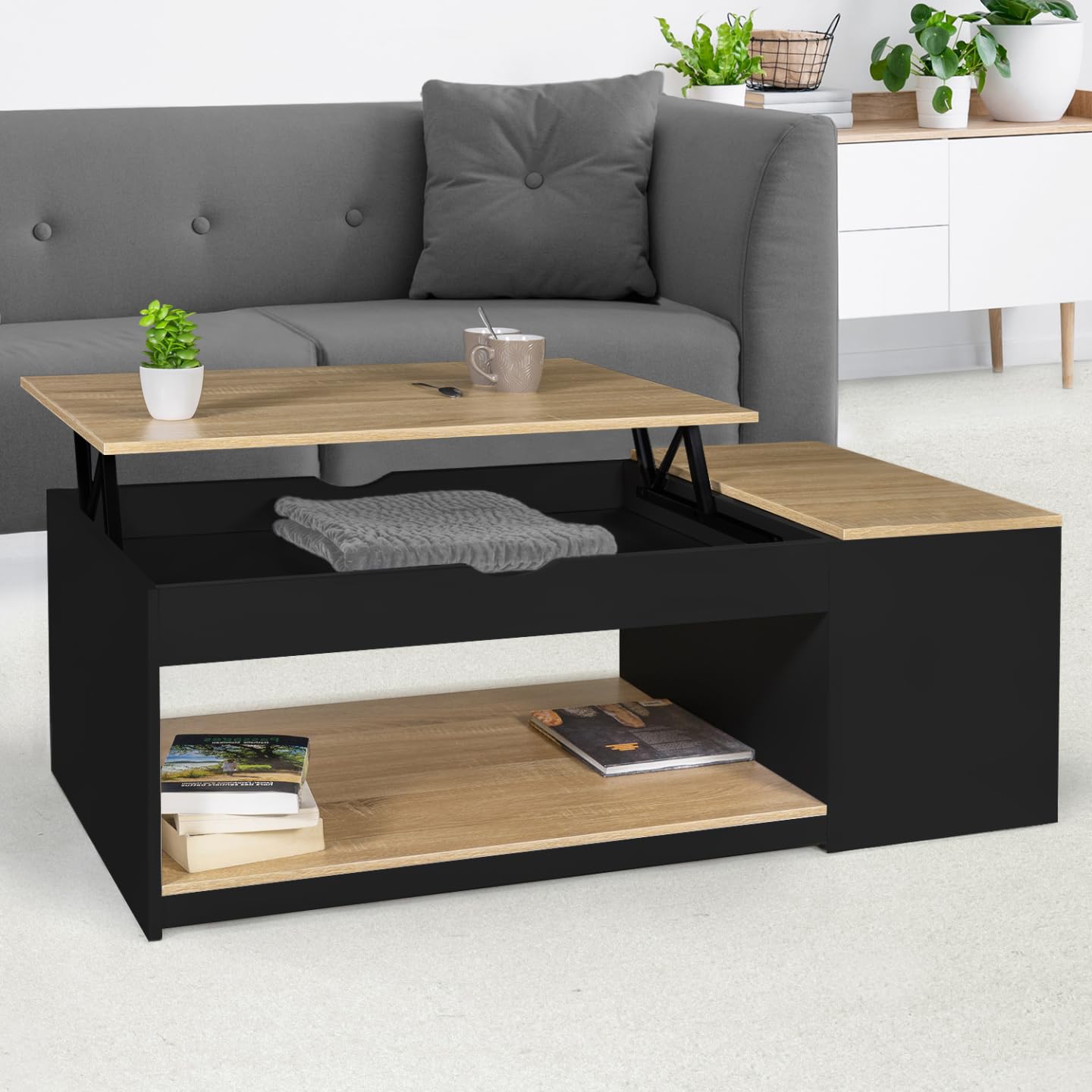 IDMarket - Table Basse Plateau relevable rectangulaire ELEA avec Coffre Bois Noir et façon hêtre