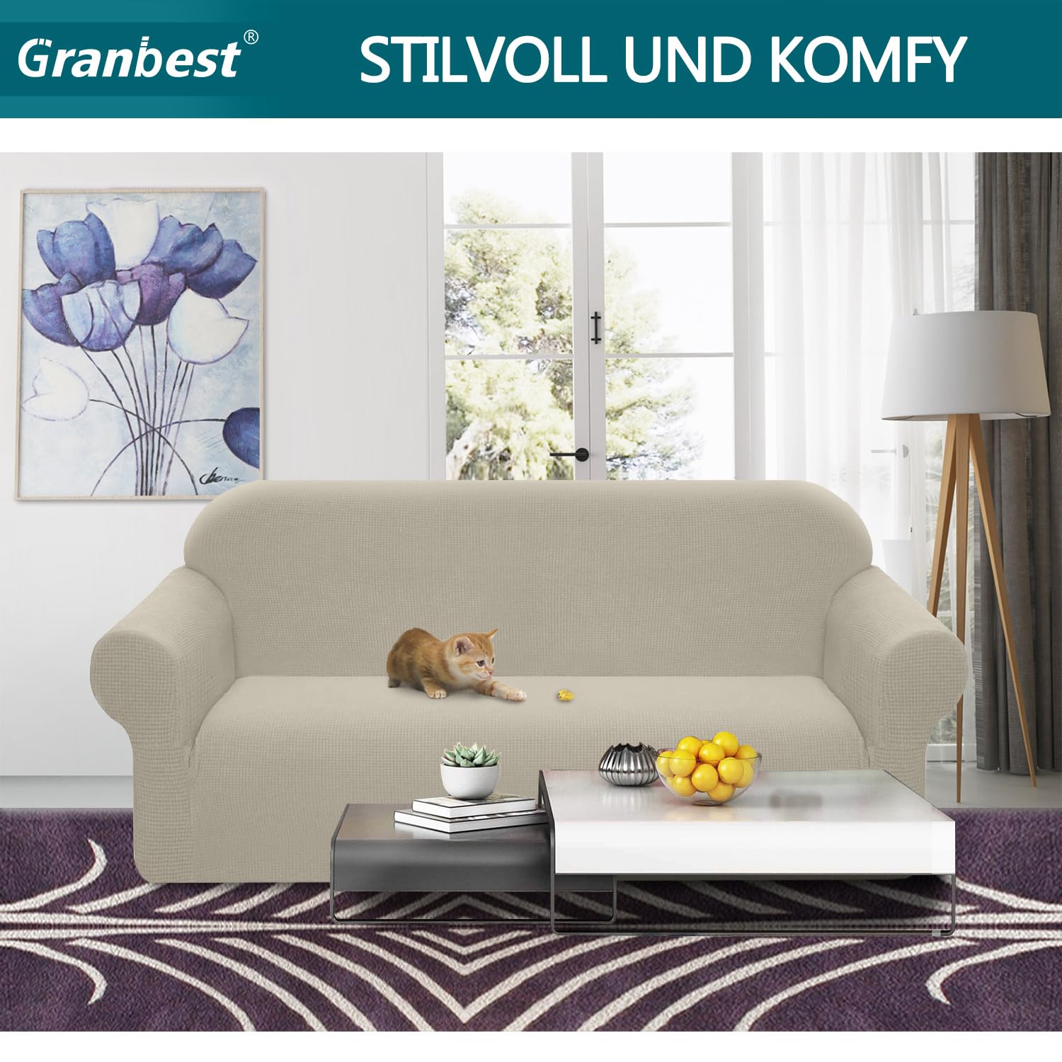 Granbest 1 copridivano elasticizzato, impermeabile, in spandex, tessuto jacquard, con gommapiuma antiscivolo (3 posti, sabbia)