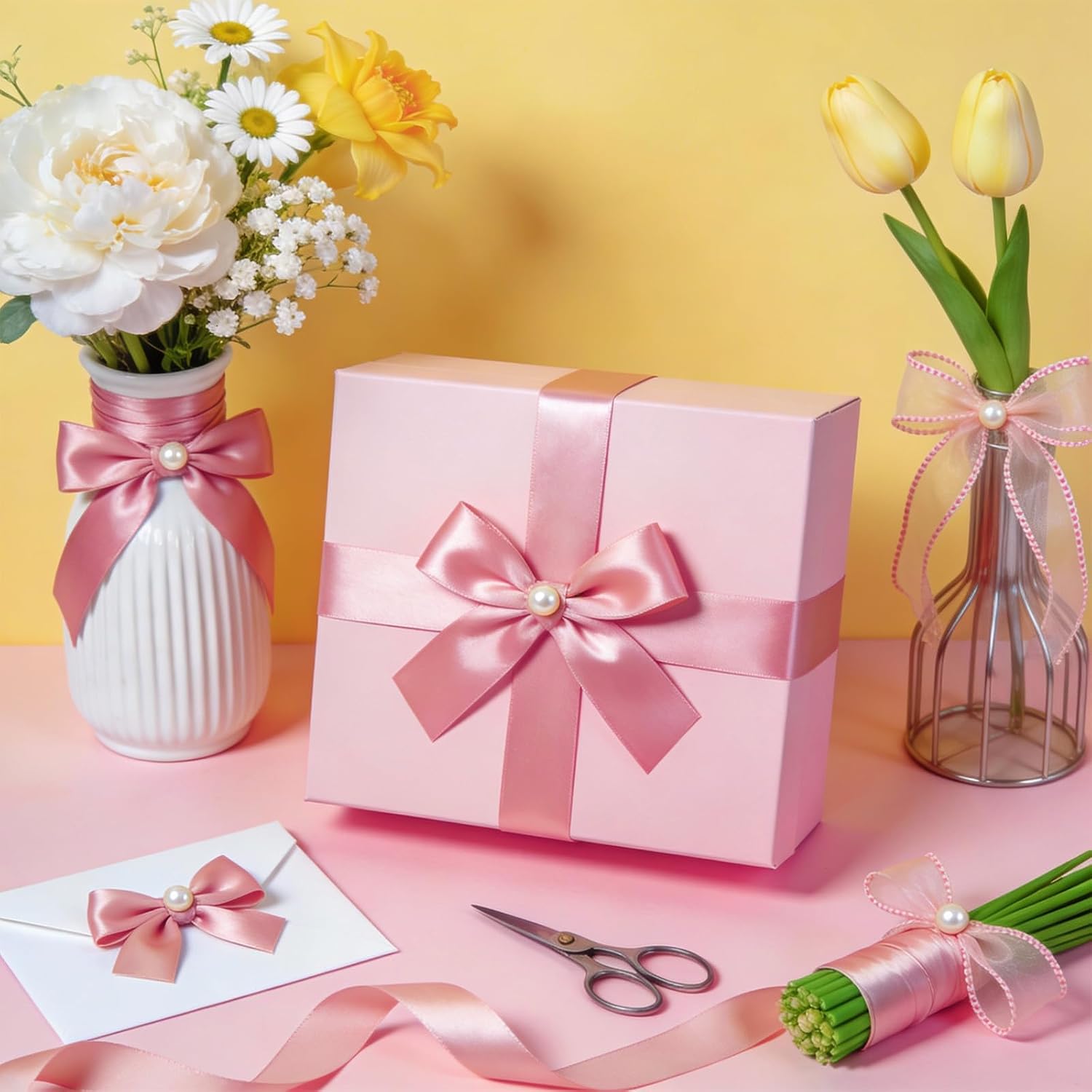 5 Rolls Pink Satin Ribbon 120 Yard Solid Fabric Ribbon for Bows Bouquet Present Wrapping Mother's Day Wedding Birthday Party Decoration