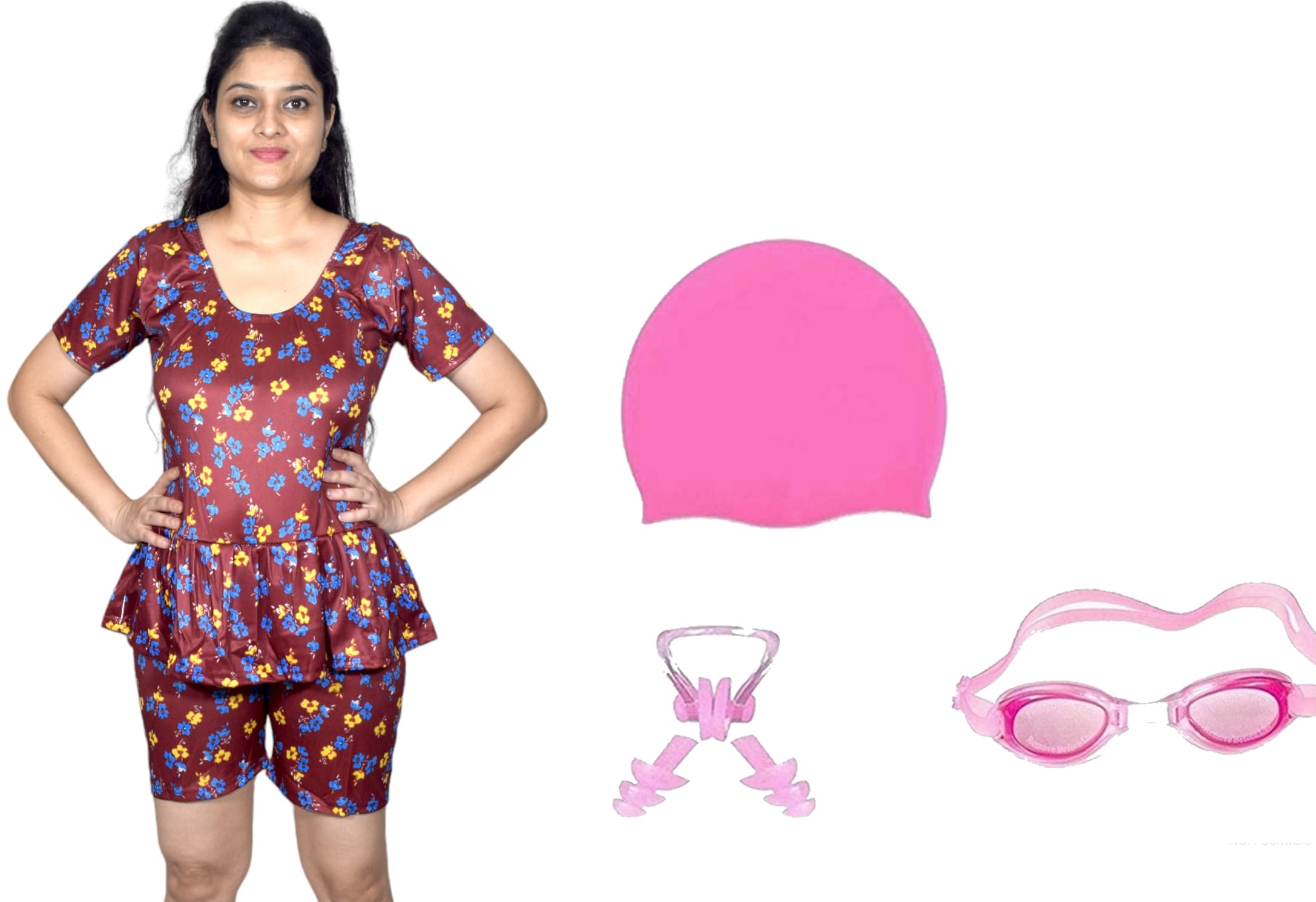Women's Swimming Half Sleeves Frock with Swimming 1 Anti Fog Swimming Goggles+ 1 Silicone Swimming Cap+ 1 Nose Clip+ 2 Ear Plugs-image-13