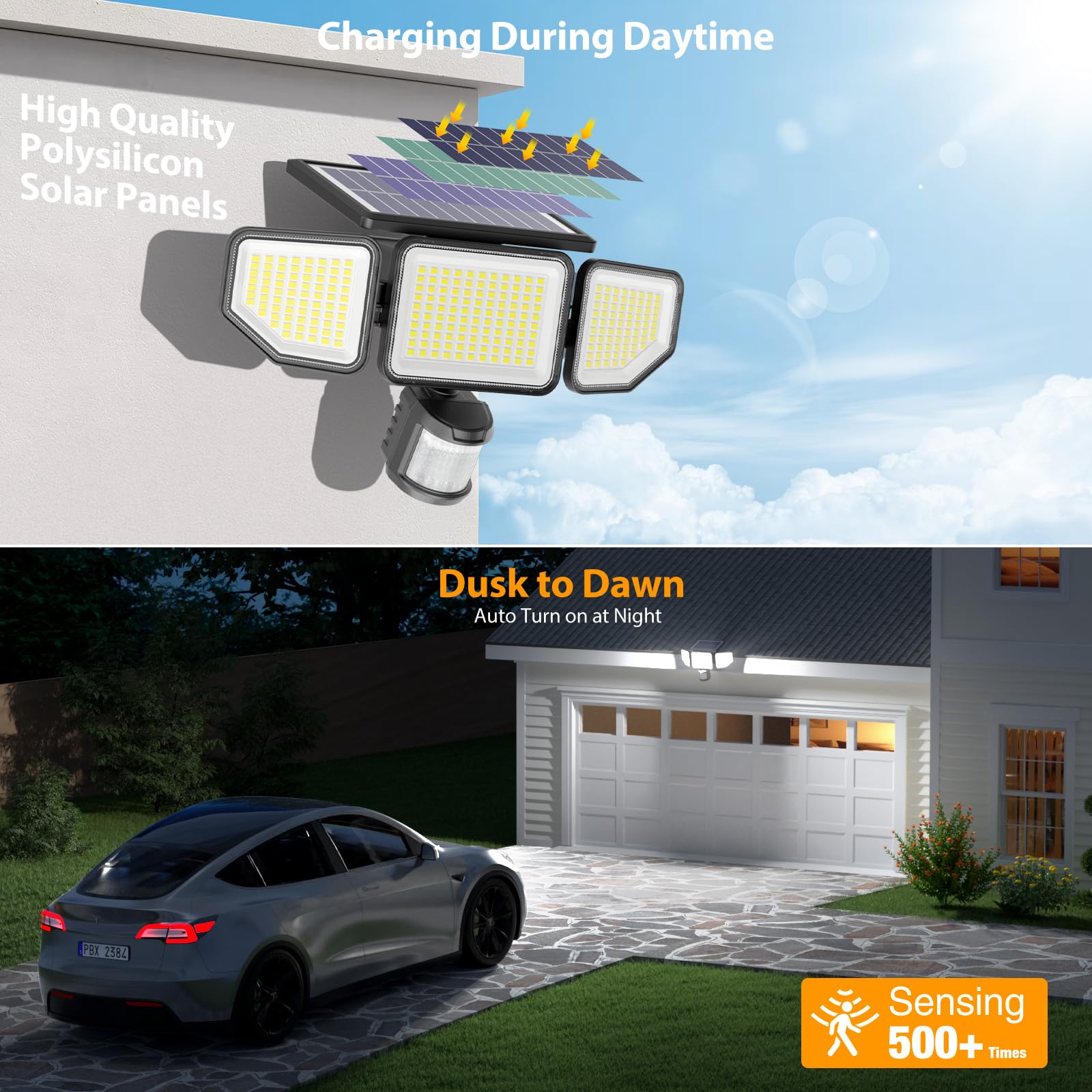 Onforu 2 lampade solari esterne con rilevatore di movimento, proiettore LED solare 3000 lumen, IP65 impermeabile, per terrazza, veranda, garage, cortile, strada