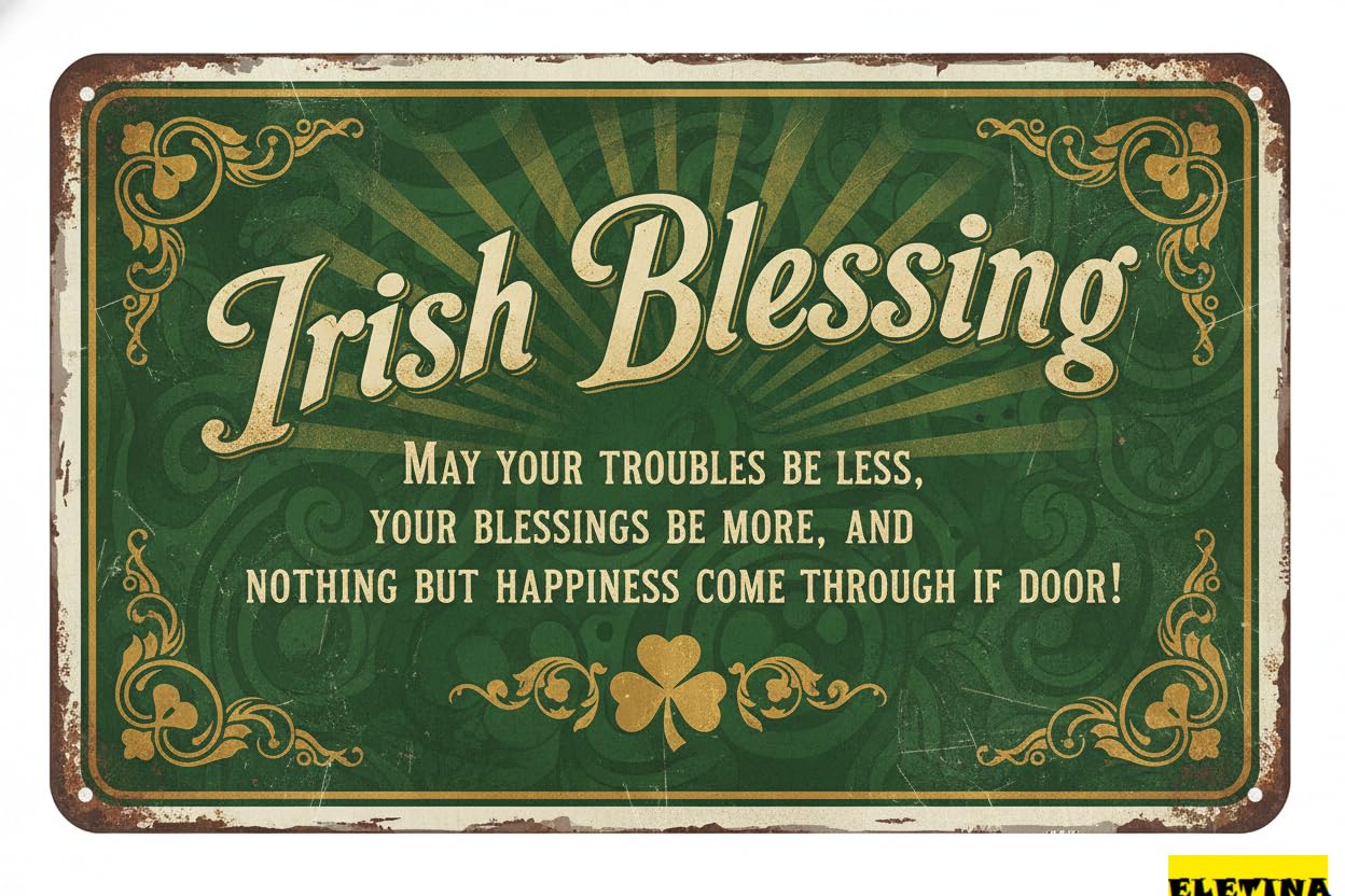 Vintage Metal Tin Sign Irish Blessing Blackish Green Wall Decor St Patricks Day Shamrock Print Art Poster Home Cafe Bar Kitchen Pub Door Porch Yard Decoration 8x12 Inch